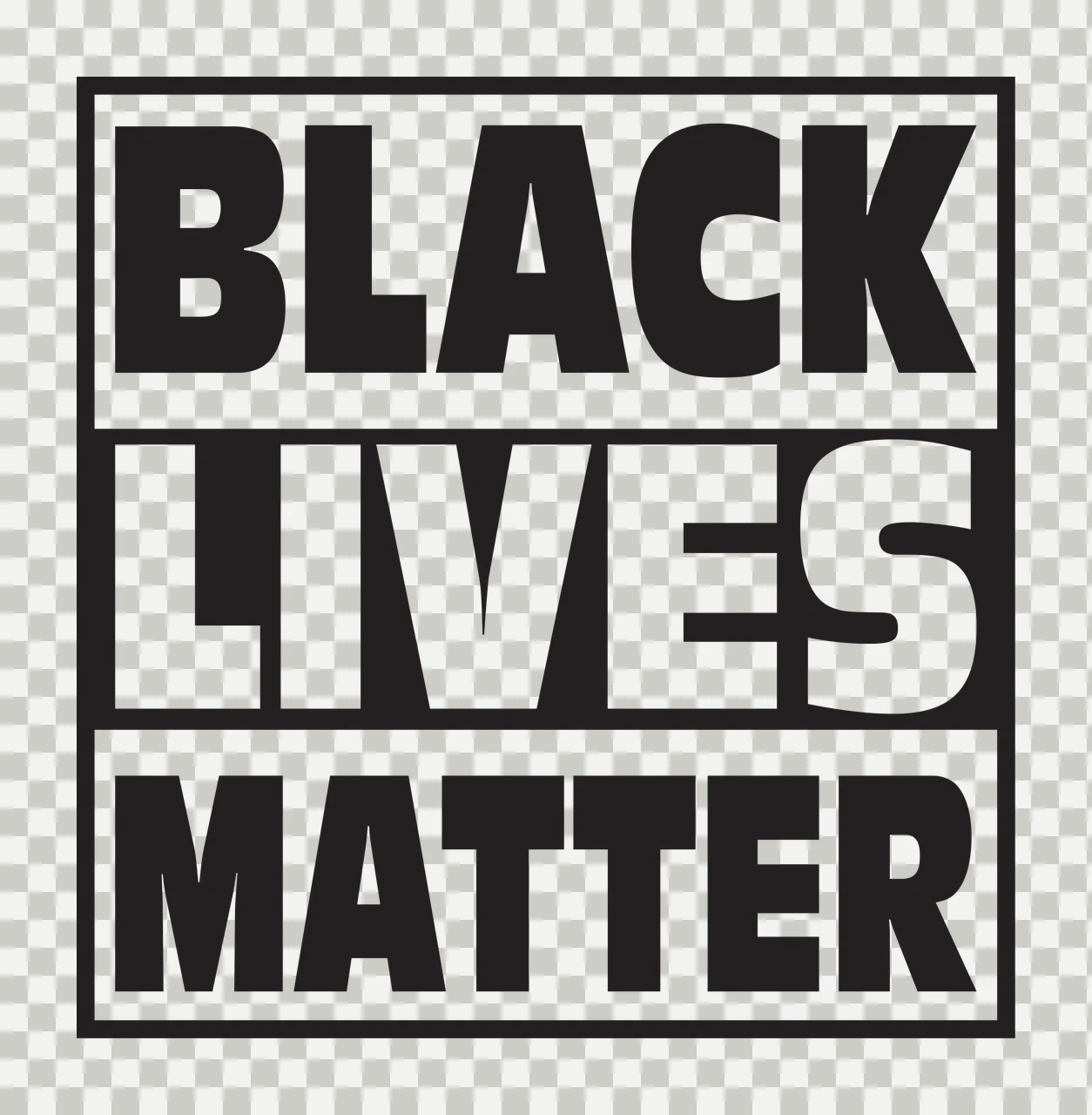 BLACK LIVES MATTER typography sign with bold lettering, square border, horizontal divider lines and sans-serif font in white transparency and detail preview thumbnail