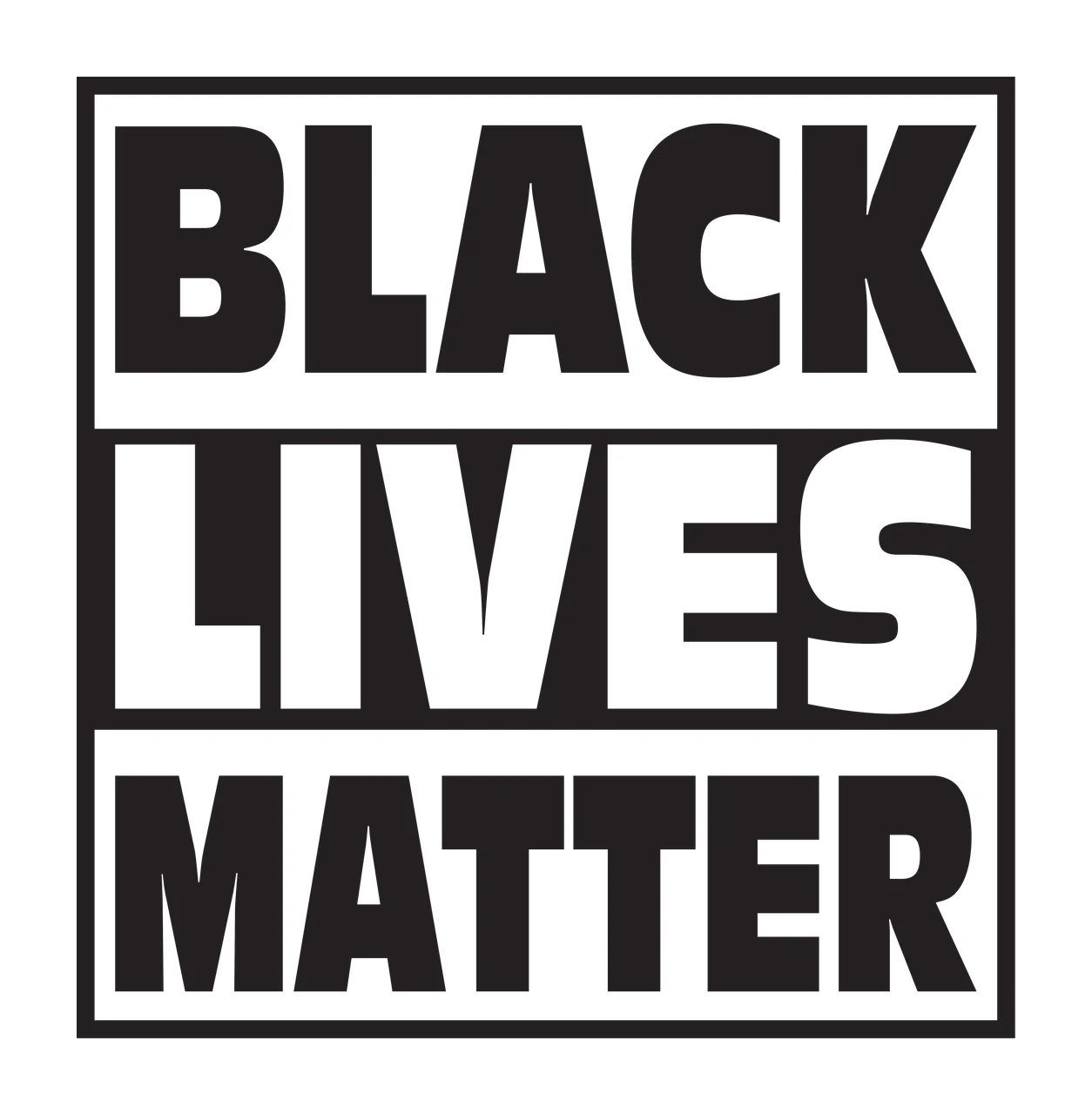 BLACK LIVES MATTER typography sign with bold lettering, square border, horizontal divider lines and sans-serif font in white