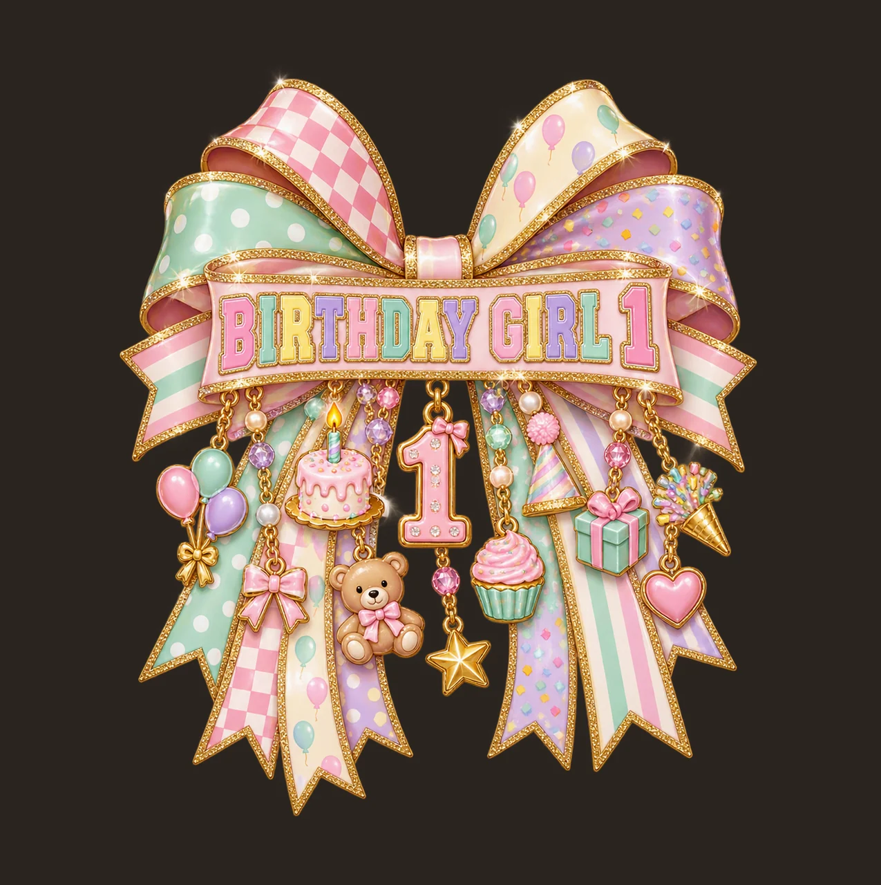Birthday Girl 1 Bow Charm PNG, Patterned Coquette Bow Clipart, Transparent Sublimation Digital Download contrast preview thumbnail