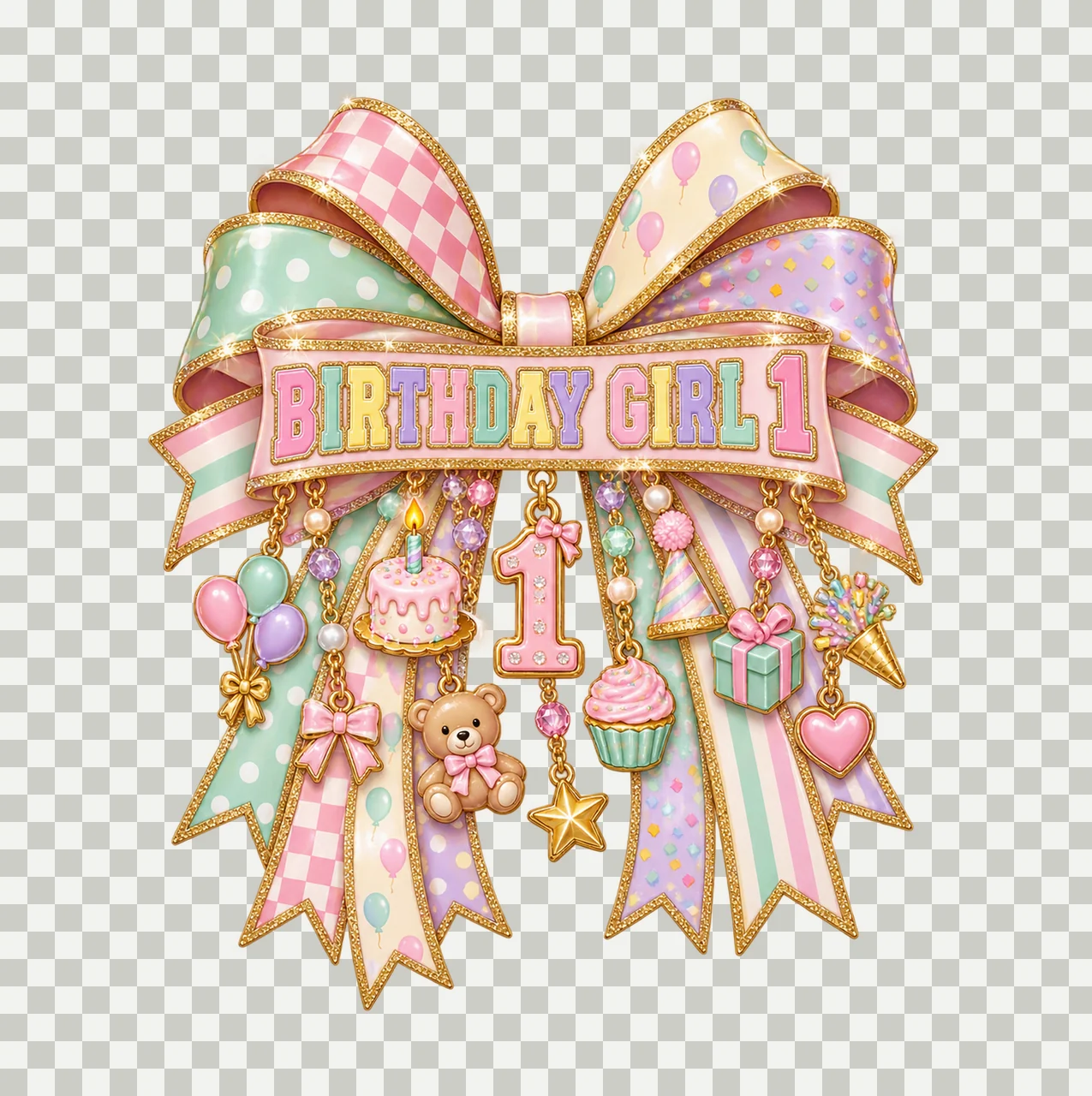 Birthday Girl 1 Bow Charm PNG, Patterned Coquette Bow Clipart, Transparent Sublimation Digital Download transparency and detail preview thumbnail