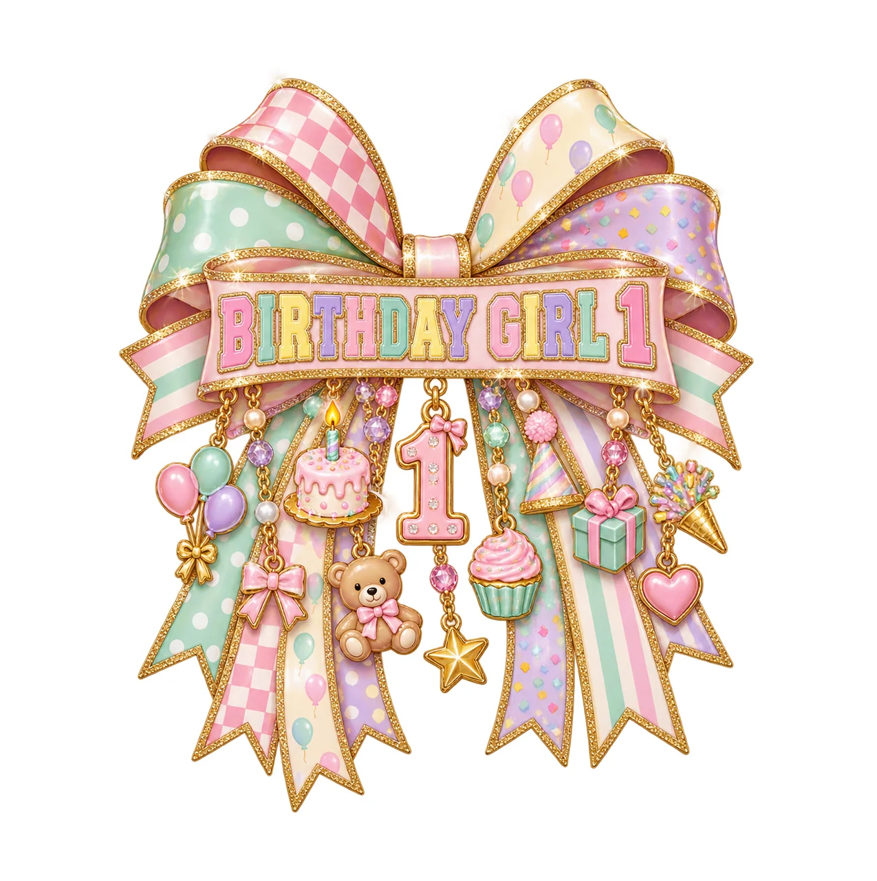 Birthday Girl 1 Bow Charm PNG, Patterned Coquette Bow Clipart, Transparent Sublimation Digital Download