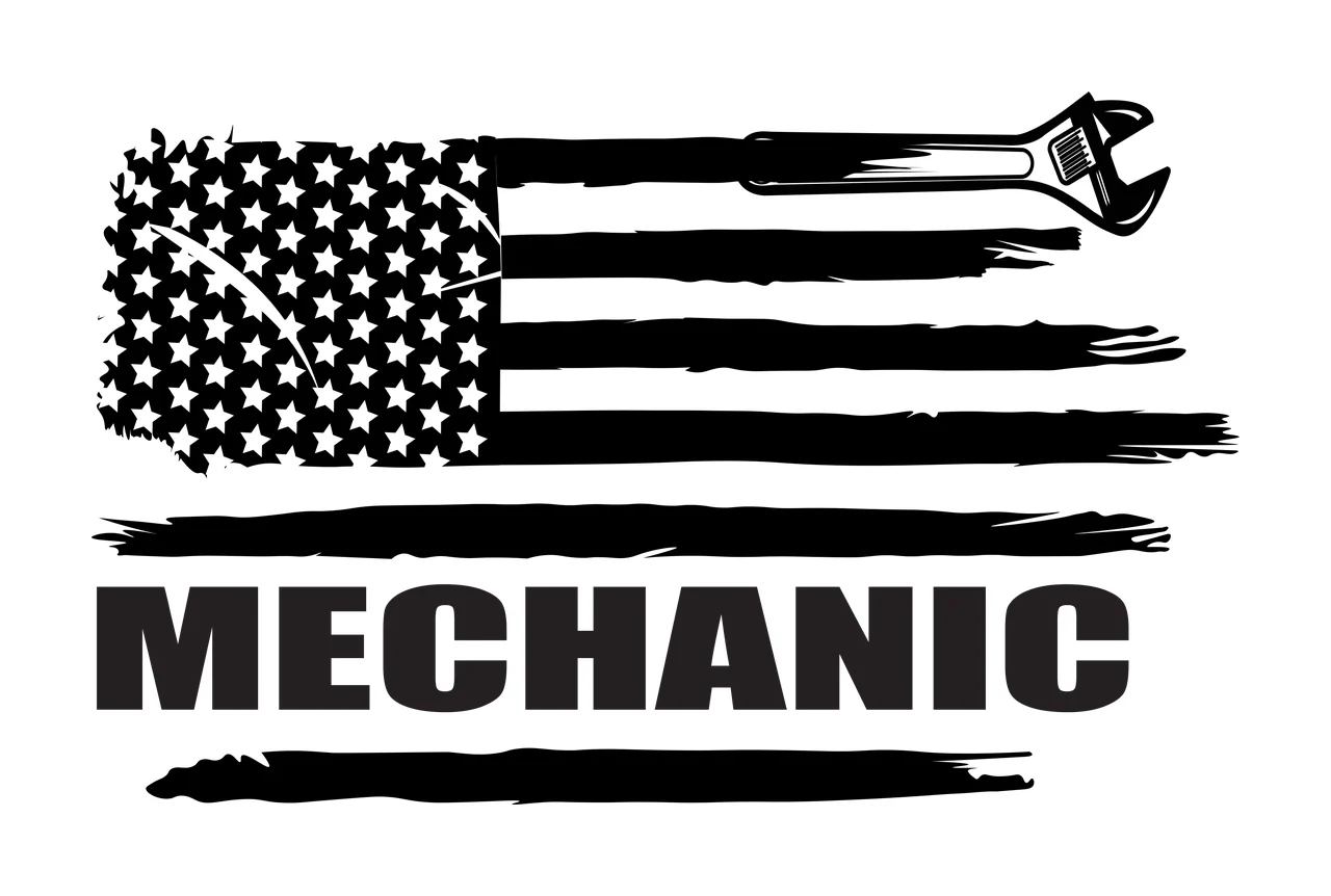 MECHANIC American flag and mechanic wrench Design with adjustable wrench, text, stars and distressed stripes in black and white