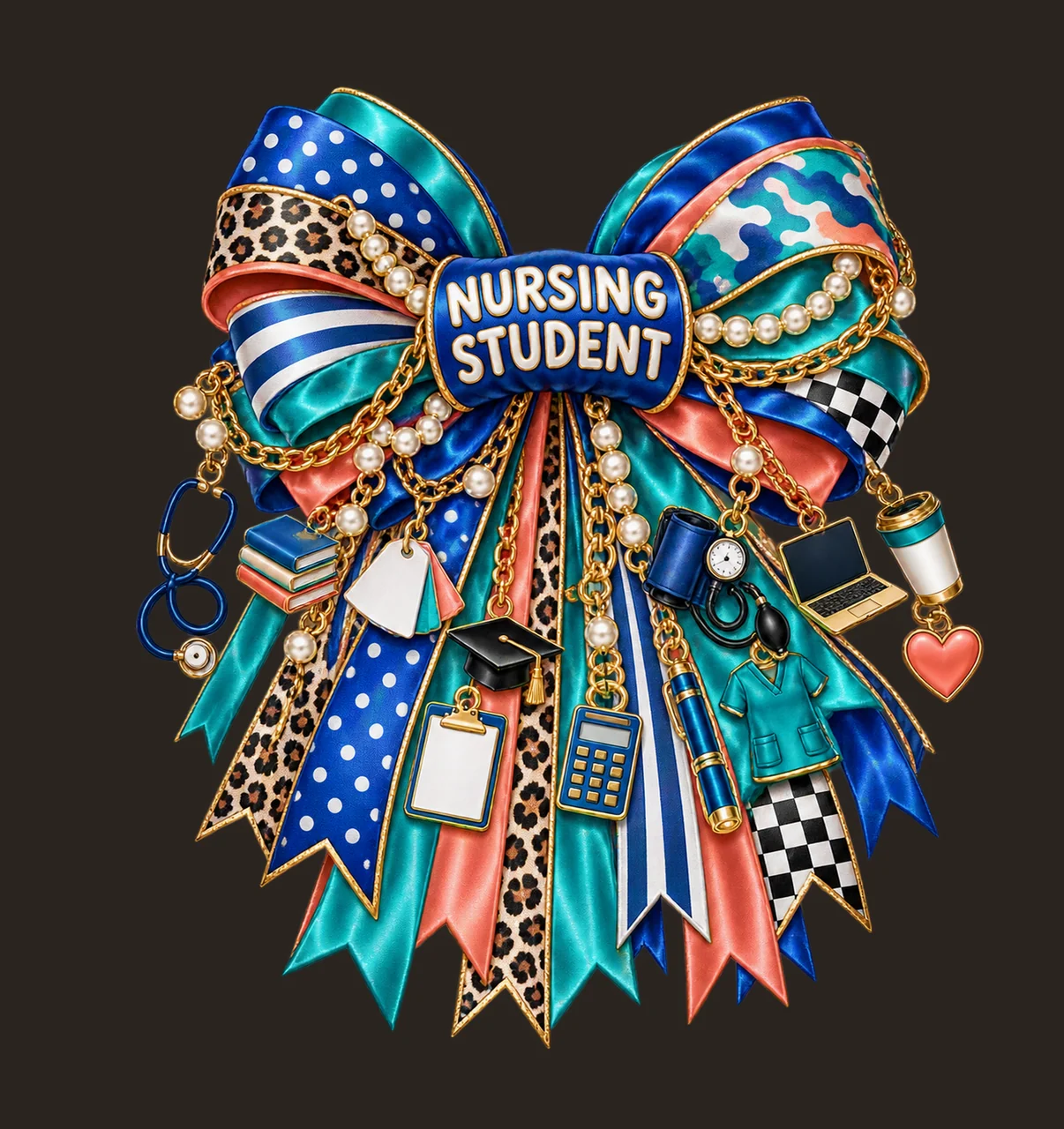 Nursing Student Bow Charm PNG, Gold Chain Charms, Transparent Sublimation Design, Digital Download contrast preview thumbnail