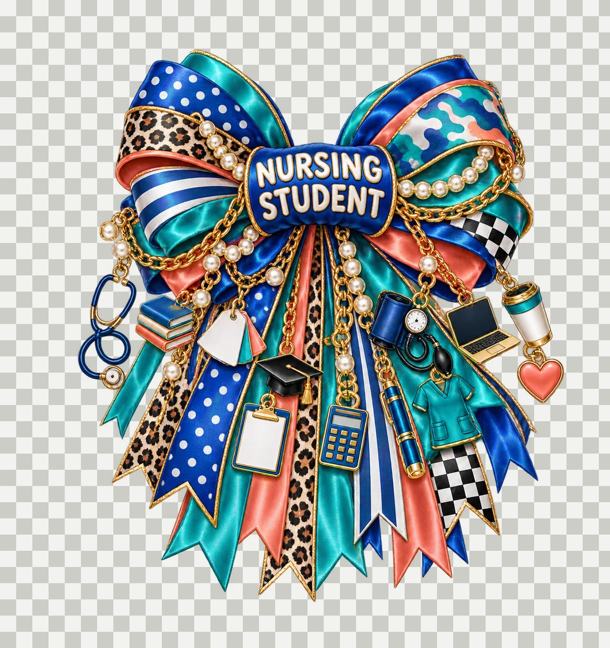 Nursing Student Bow Charm PNG, Gold Chain Charms, Transparent Sublimation Design, Digital Download transparency and detail preview thumbnail