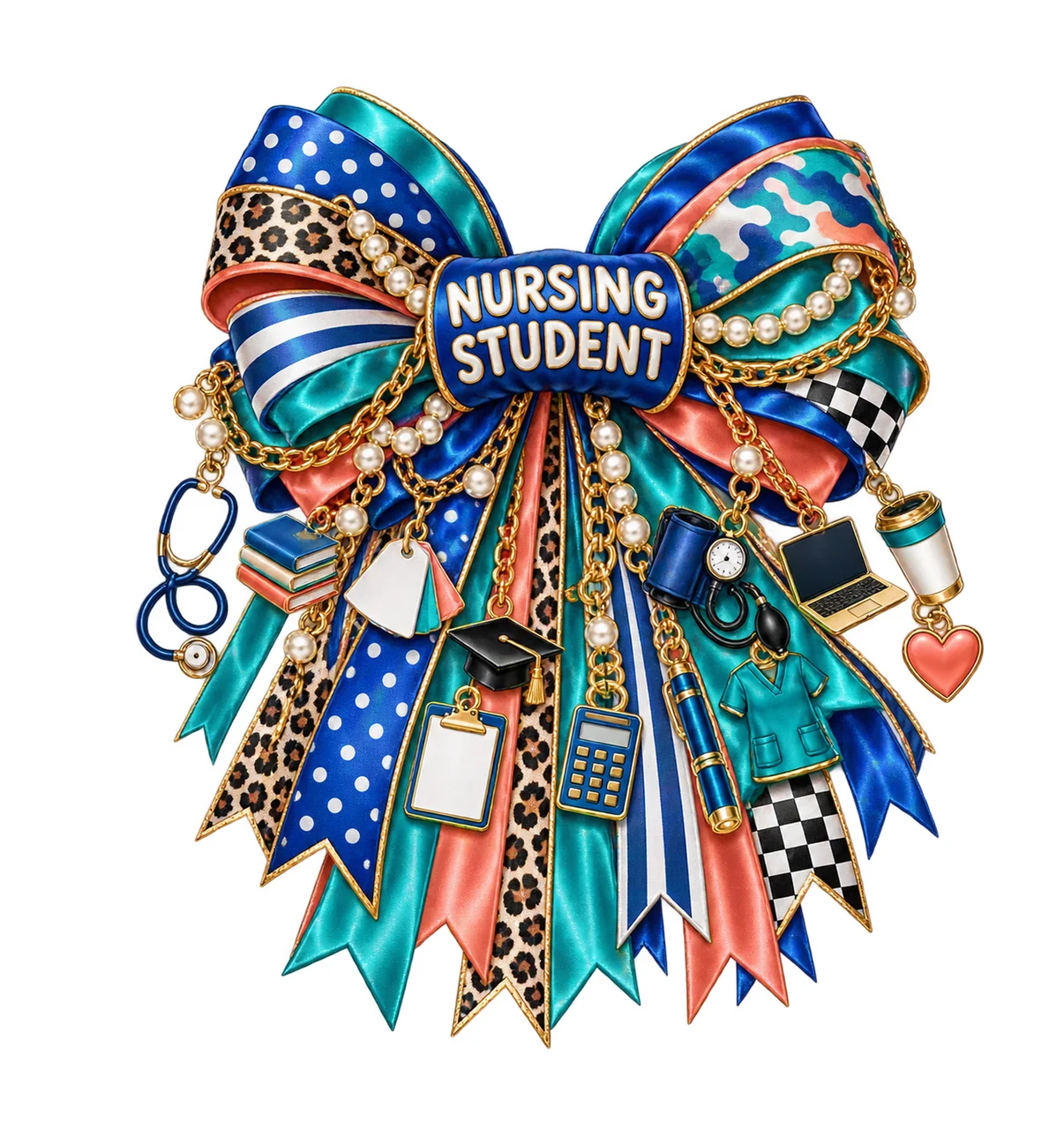 Nursing Student Bow Charm PNG, Gold Chain Charms, Transparent Sublimation Design, Digital Download