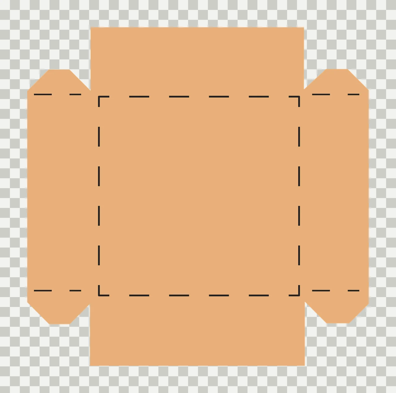 Box dieline template Illustration with dashed fold lines, side flaps, square base and corner tabs in tan, brown and black transparency and detail preview thumbnail