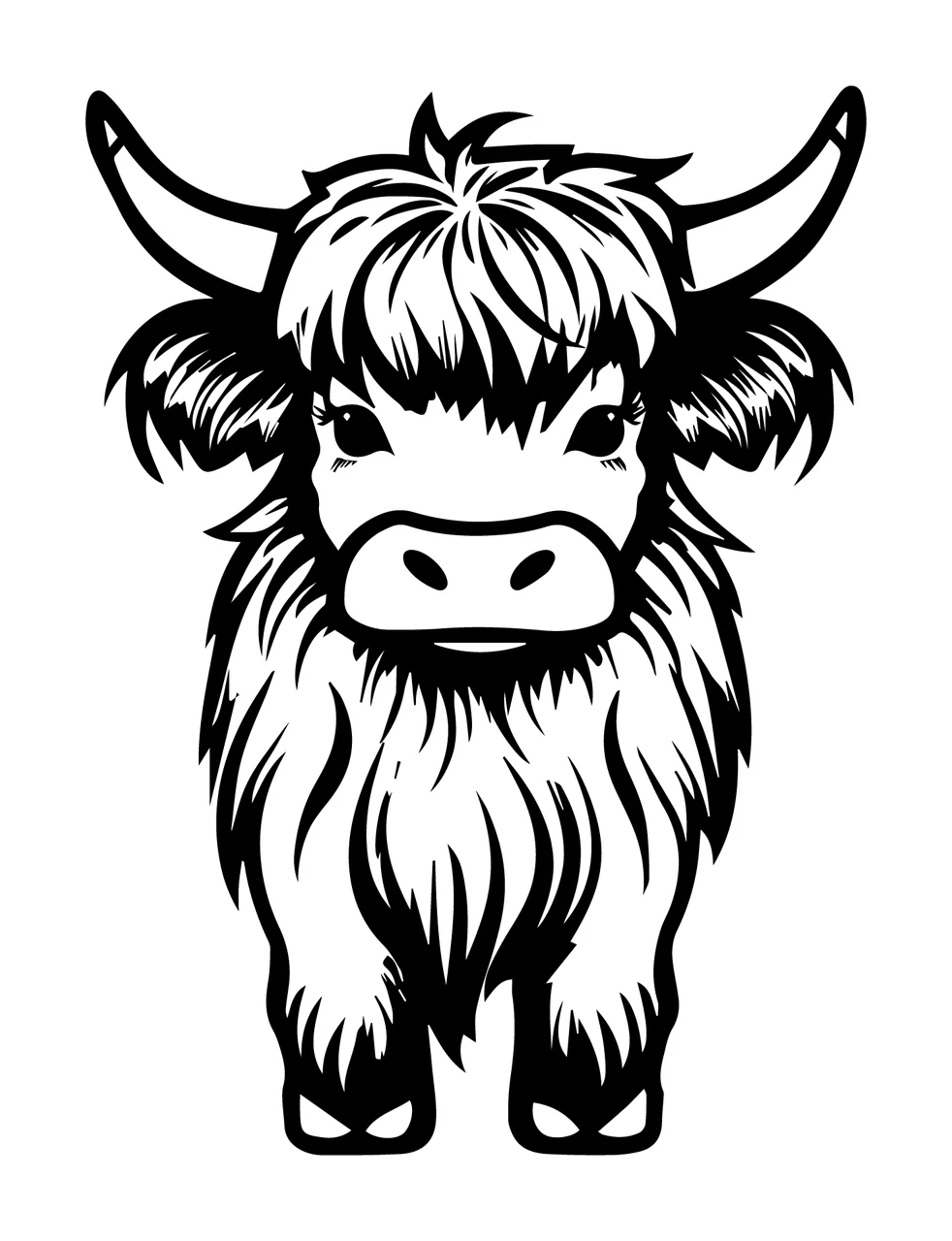 Cow Highland Face Illustration Standing Horns Fur Graphic black