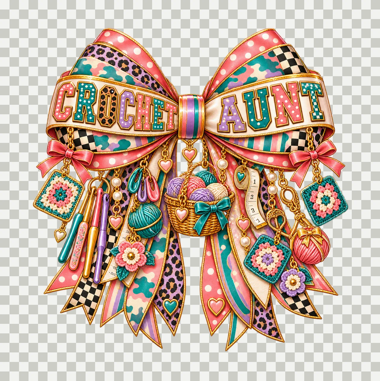 Crochet Aunt Bow Charm PNG, Patterned Varsity Aunt Ribbon Clipart, Transparent Sublimation Digital Download transparency and detail preview thumbnail