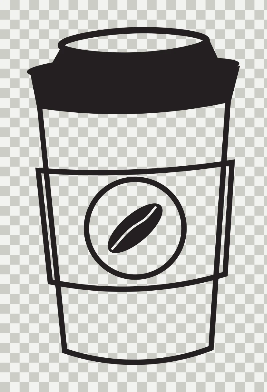 Line Art Illustration of To-go coffee cup with lid and sleeve with black coffee cup and black coffee bean inside circle in white transparency and detail preview thumbnail