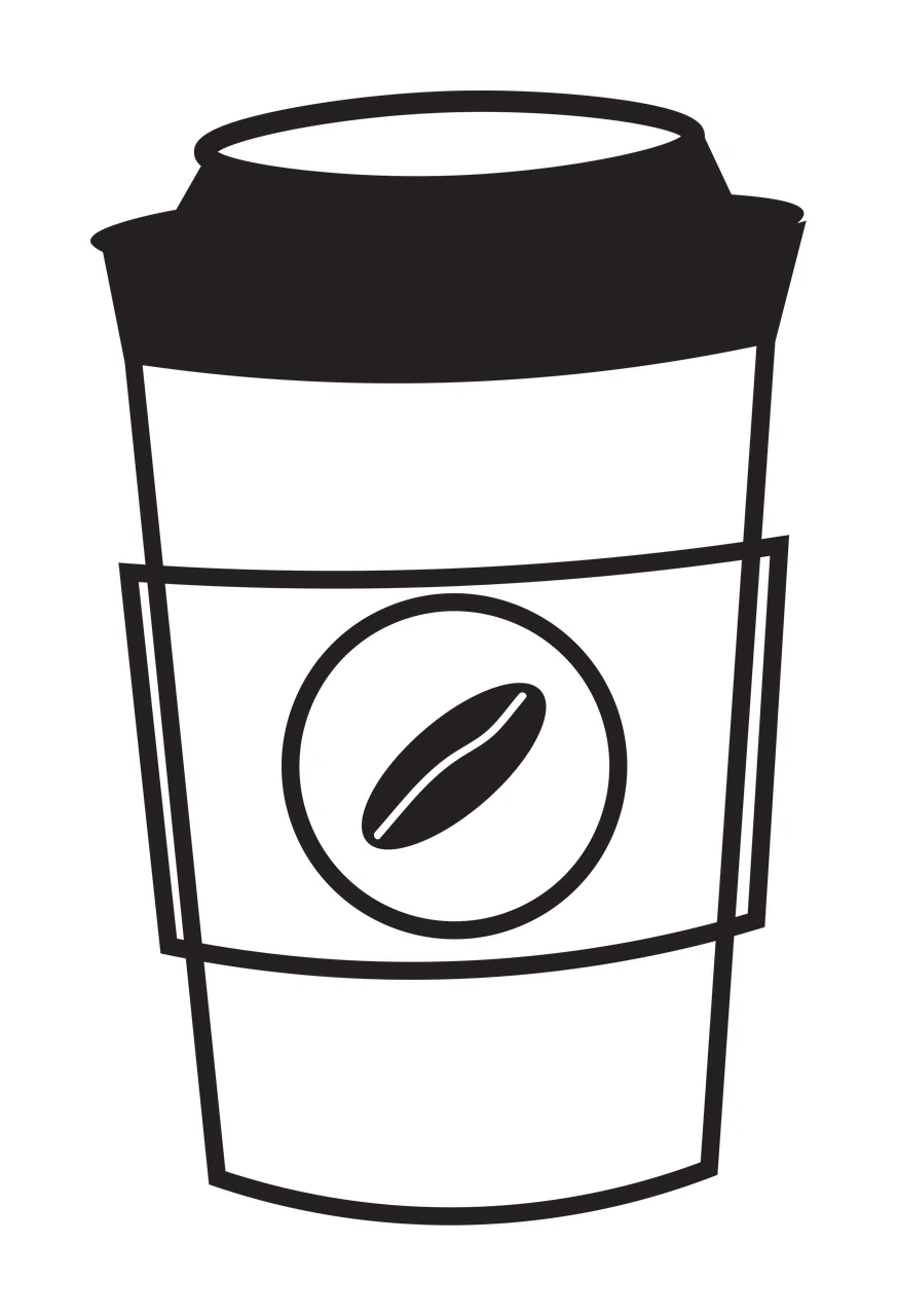 Line Art Illustration of To-go coffee cup with lid and sleeve with black coffee cup and black coffee bean inside circle in white