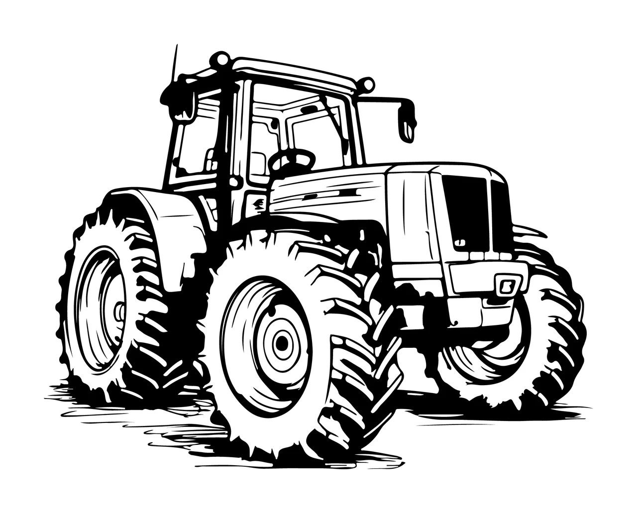 Black Outline Farm Tractor resting wheels cabin tires drawing