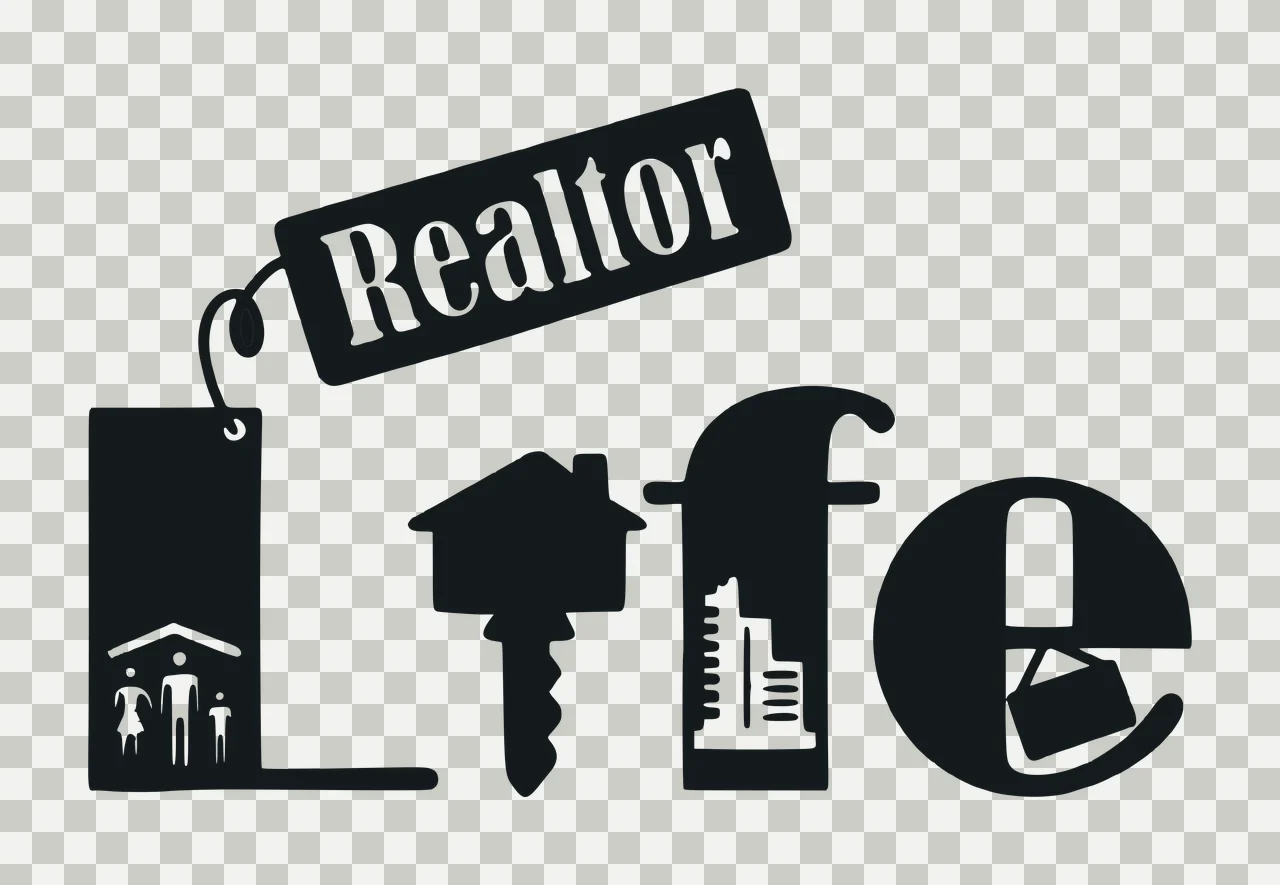 Realtor Life Realtor Life logo design with black tag with white text 'Realtor', black letter 'L' containing family under roof, black key with house on top and black letter 'f' with building silhouette transparency and detail preview thumbnail