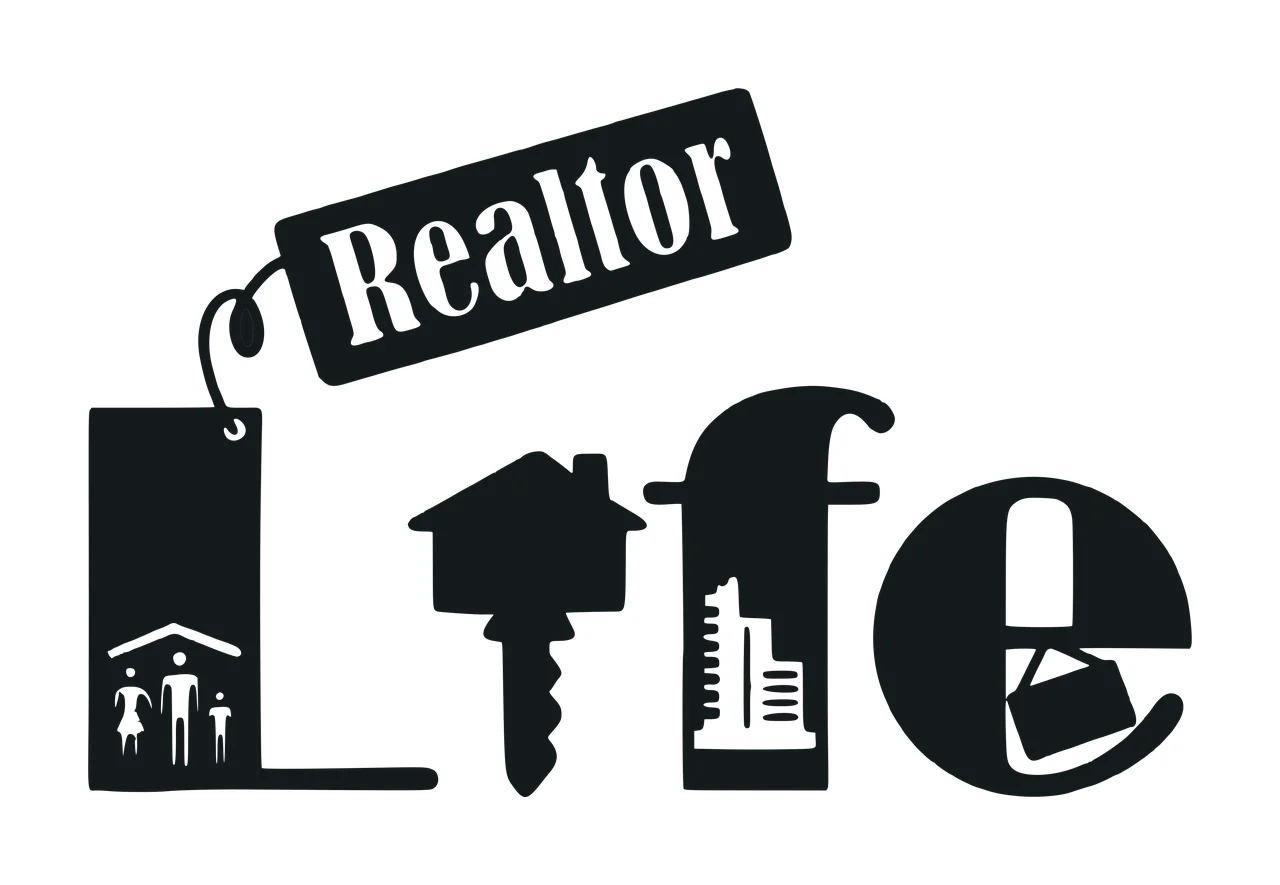 Realtor Life Realtor Life logo design with black tag with white text 'Realtor', black letter 'L' containing family under roof, black key with house on top and black letter 'f' with building silhouette