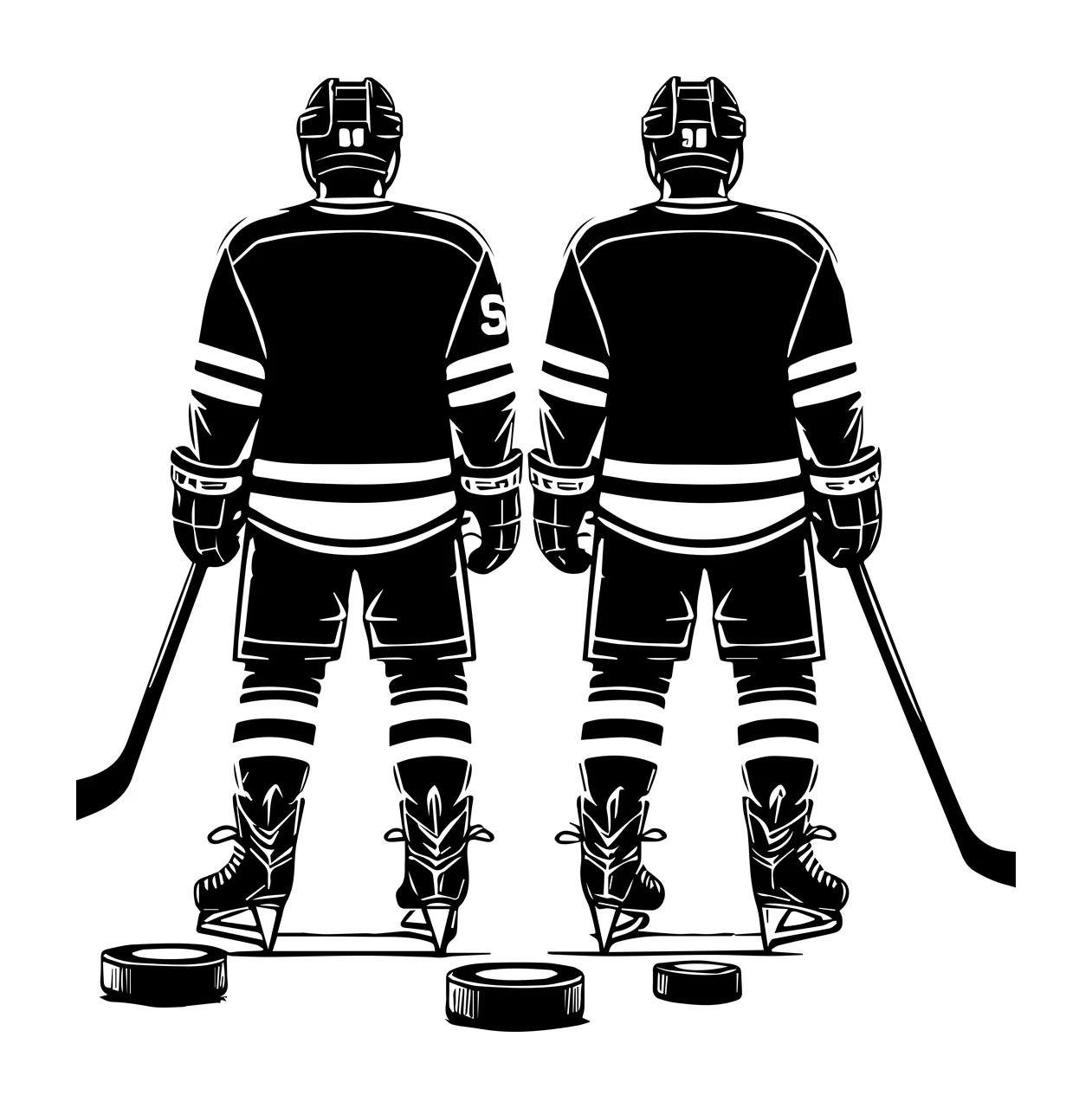 Hockey Two Players Standing Rearview jerseys sticks pucks skates