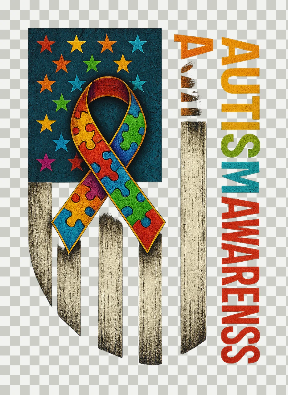 Autism Awareness Puzzle Flag Distressed American Flag Design transparency and detail preview thumbnail
