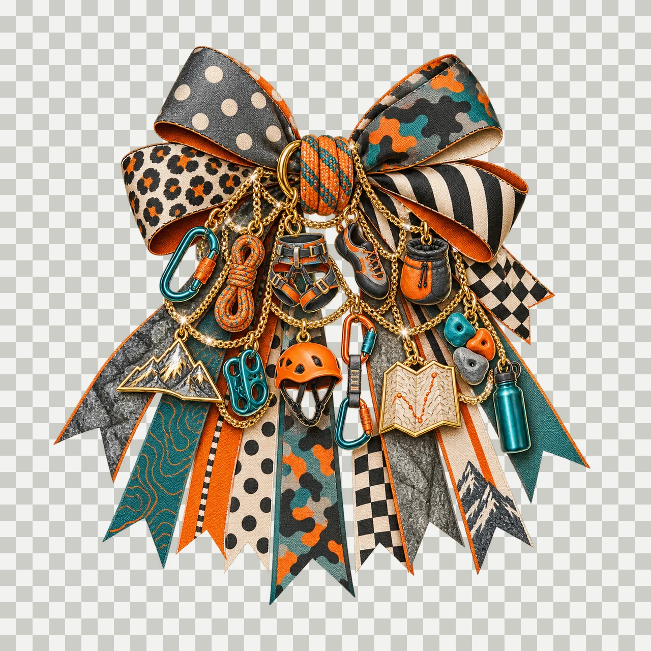Rock Climbing Lover Bow Charm PNG, Themed Gold Chain Charms, Coquette Ribbon Sublimation Design, Transparent Digital Download transparency and detail preview thumbnail