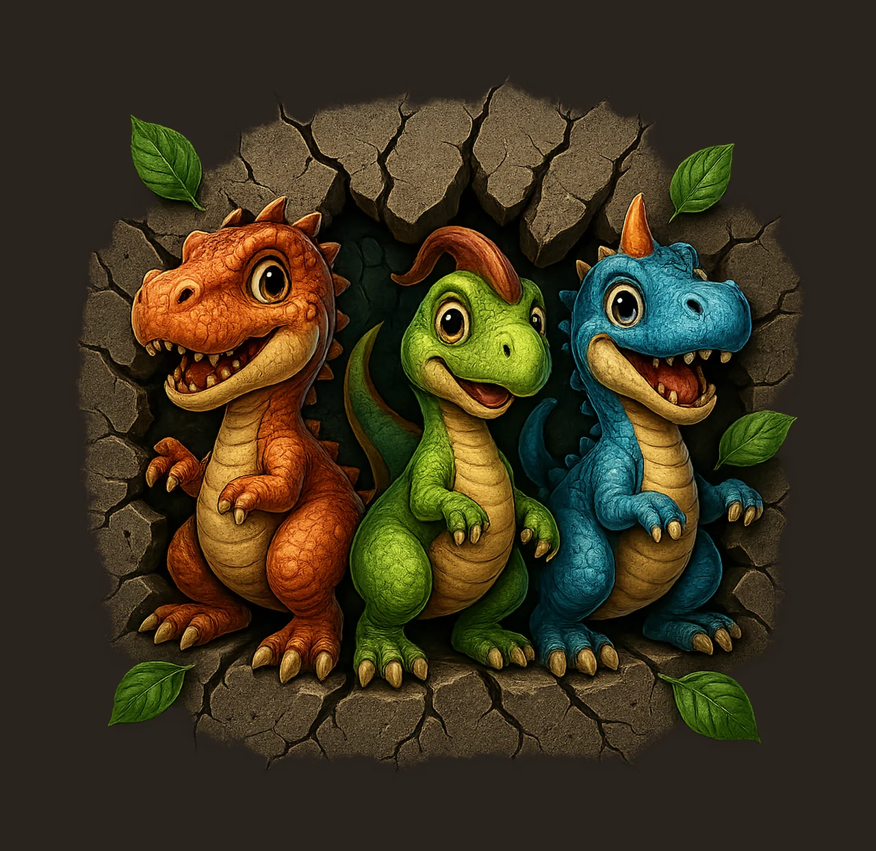 Cartoon Dinosaur Squad 3D Wall Break Artwork Kids Shirt contrast preview thumbnail