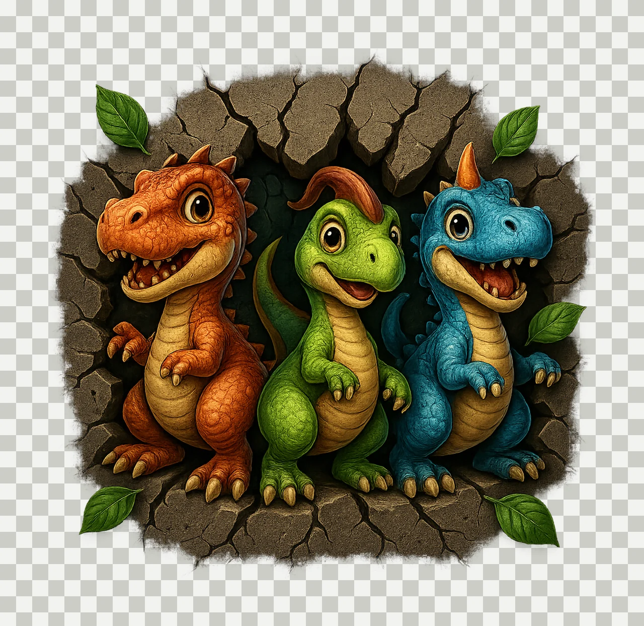 Cartoon Dinosaur Squad 3D Wall Break Artwork Kids Shirt transparency and detail preview thumbnail