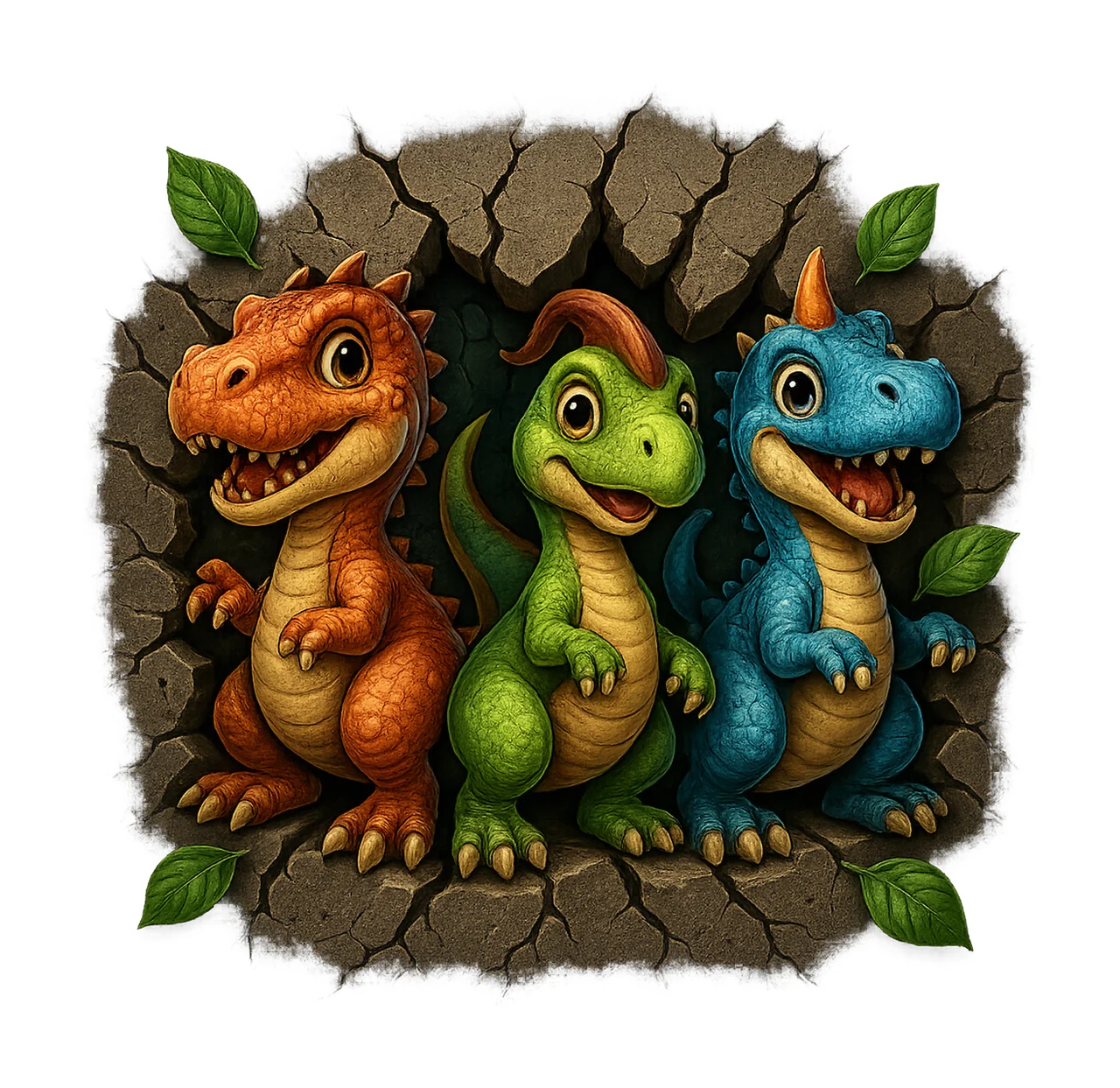 Cartoon Dinosaur Squad 3D Wall Break Artwork Kids Shirt