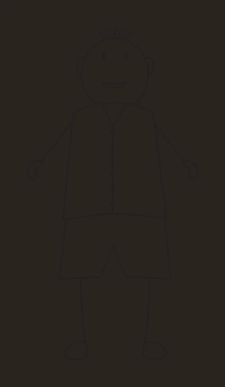 Line Art Illustration of stick figure person with spiky hair, buttoned vest, shorts and smiling face in black and white contrast preview thumbnail