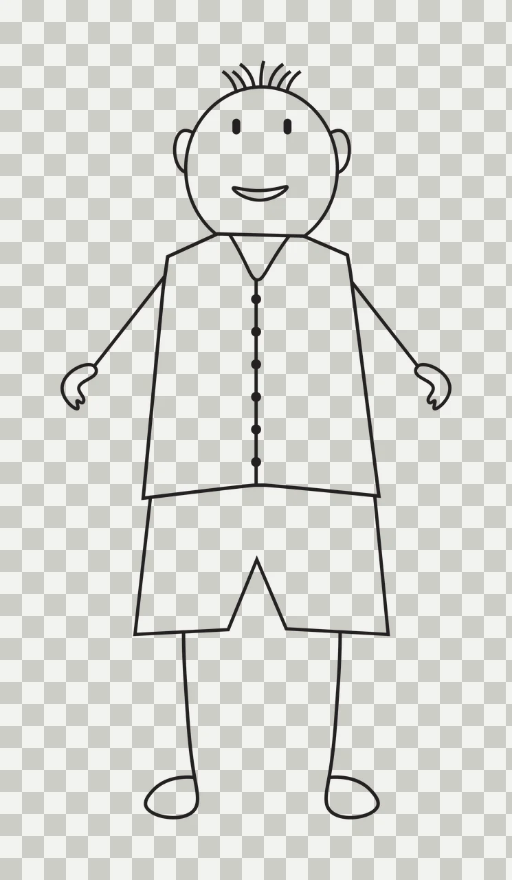 Line Art Illustration of stick figure person with spiky hair, buttoned vest, shorts and smiling face in black and white transparency and detail preview thumbnail