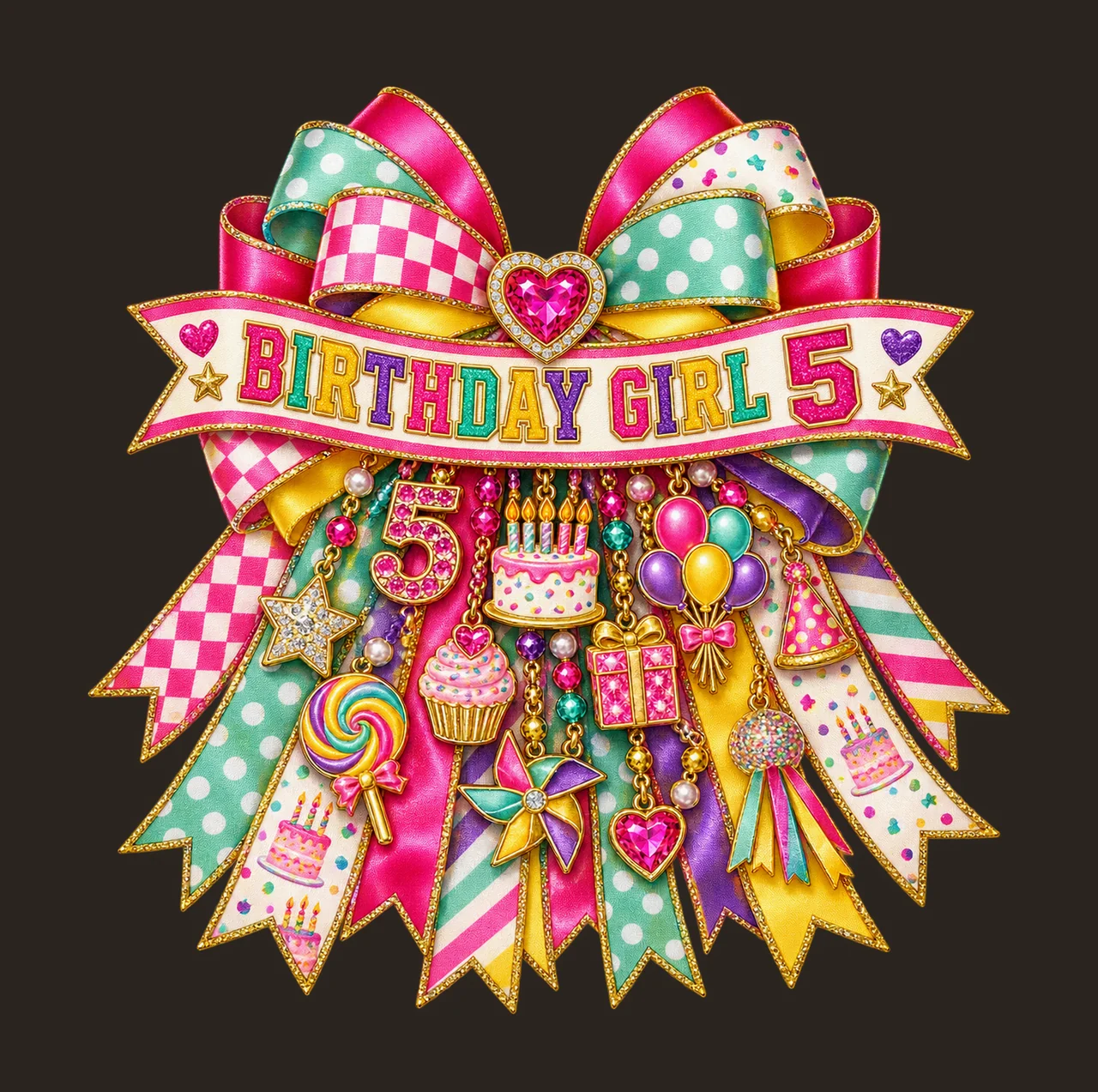 Birthday Girl 5 Bow Charm PNG, Patterned Coquette Bow Clipart, Transparent Sublimation Digital Download contrast preview thumbnail