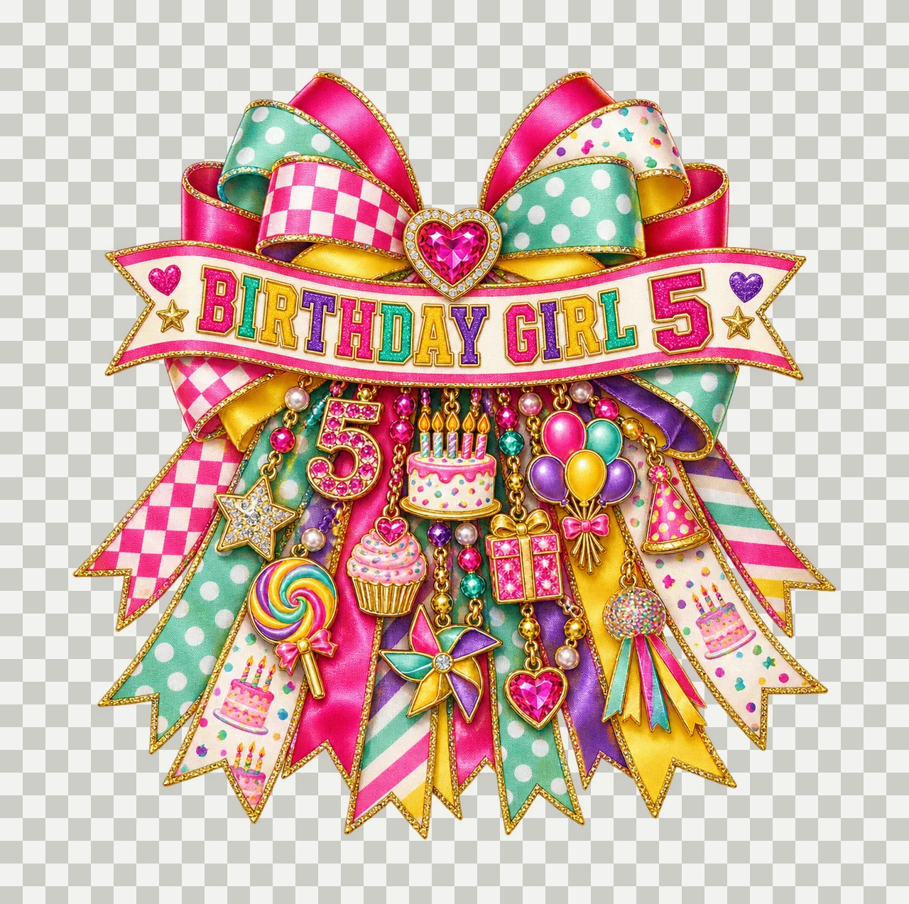 Birthday Girl 5 Bow Charm PNG, Patterned Coquette Bow Clipart, Transparent Sublimation Digital Download transparency and detail preview thumbnail