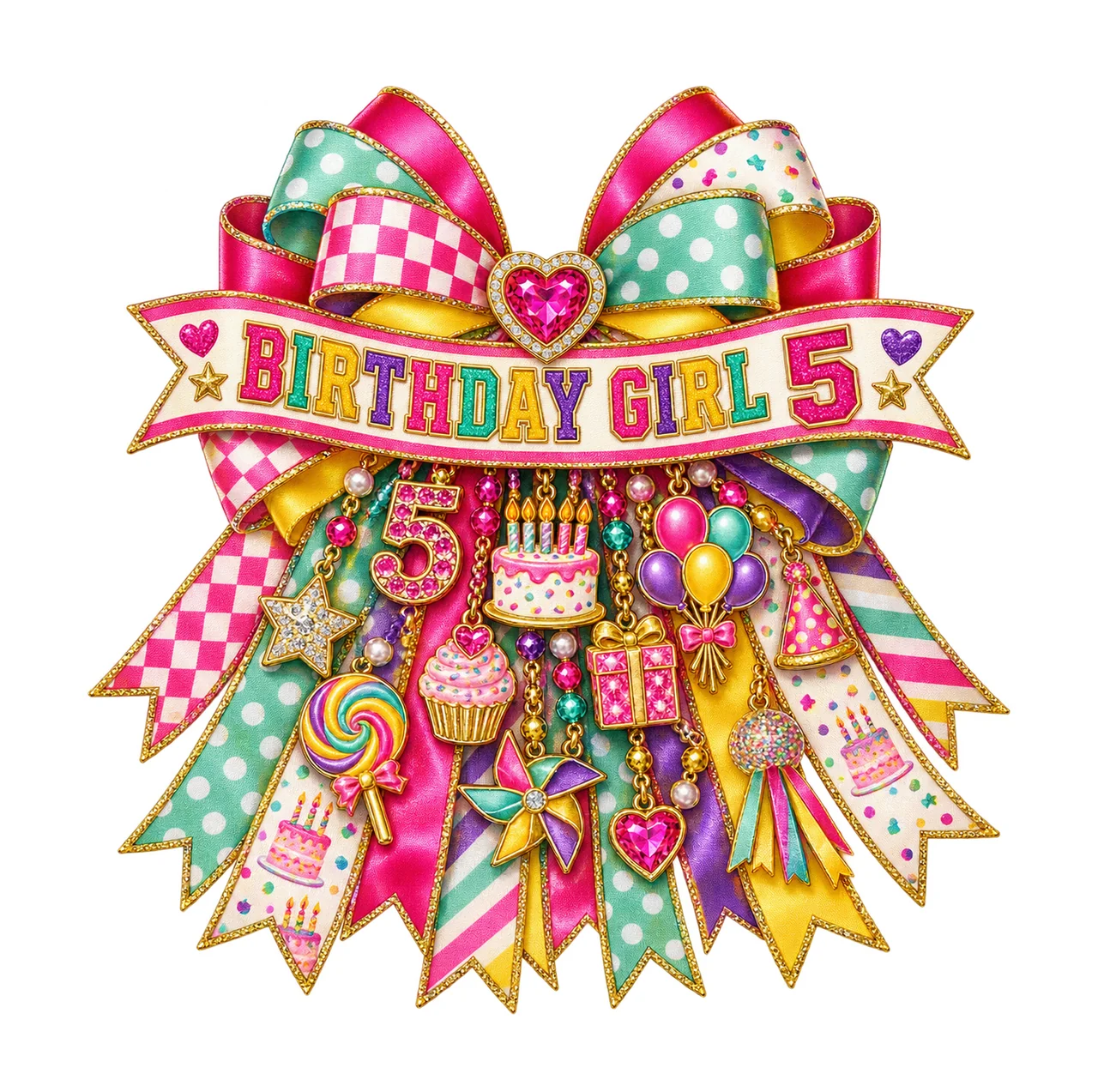 Birthday Girl 5 Bow Charm PNG, Patterned Coquette Bow Clipart, Transparent Sublimation Digital Download