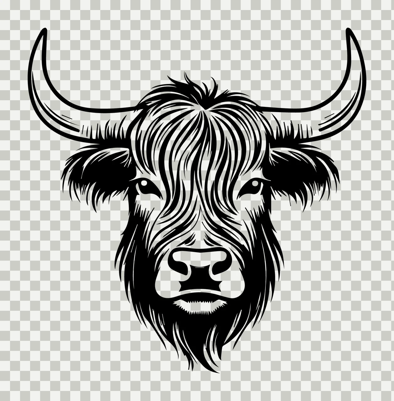 Cow Highland Head With Horns line art black white animal fur transparency and detail preview thumbnail