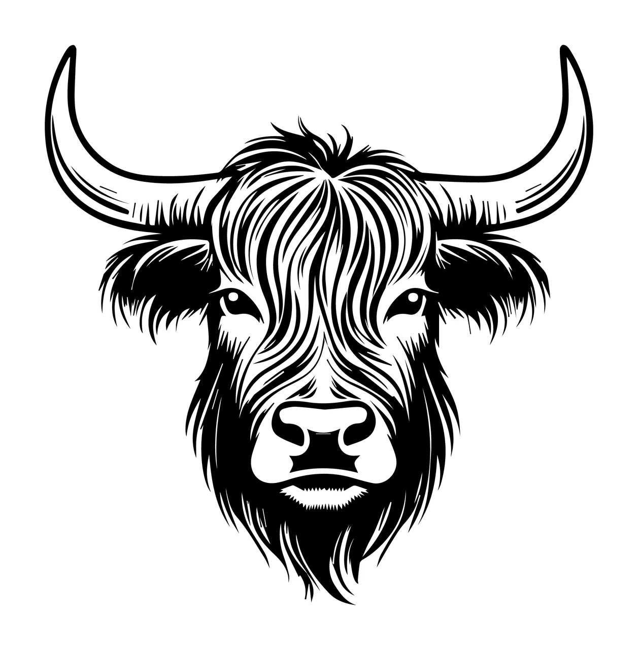 Cow Highland Head With Horns line art black white animal fur