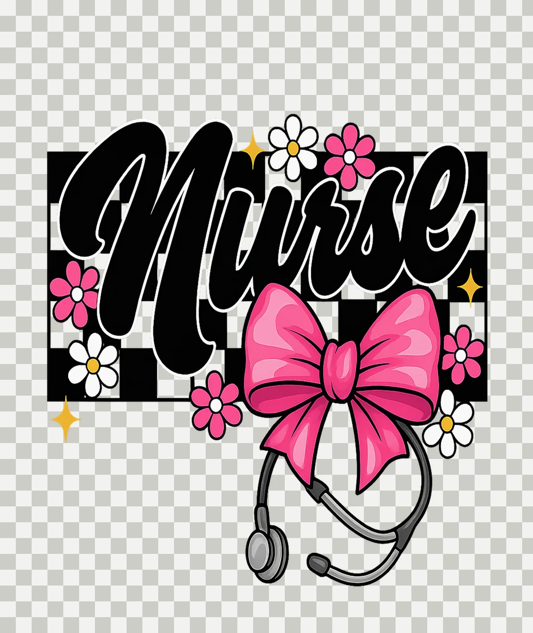 Nurse Stylized With Text And Bow In Black stethoscope flower transparency and detail preview thumbnail