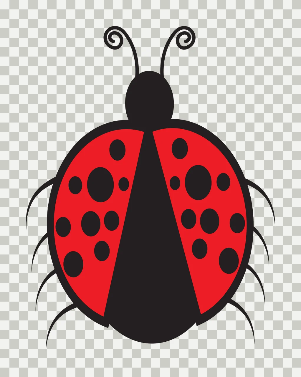 Ladybug Illustration with red beetle body, black spots, black head and black antennae transparency and detail preview thumbnail