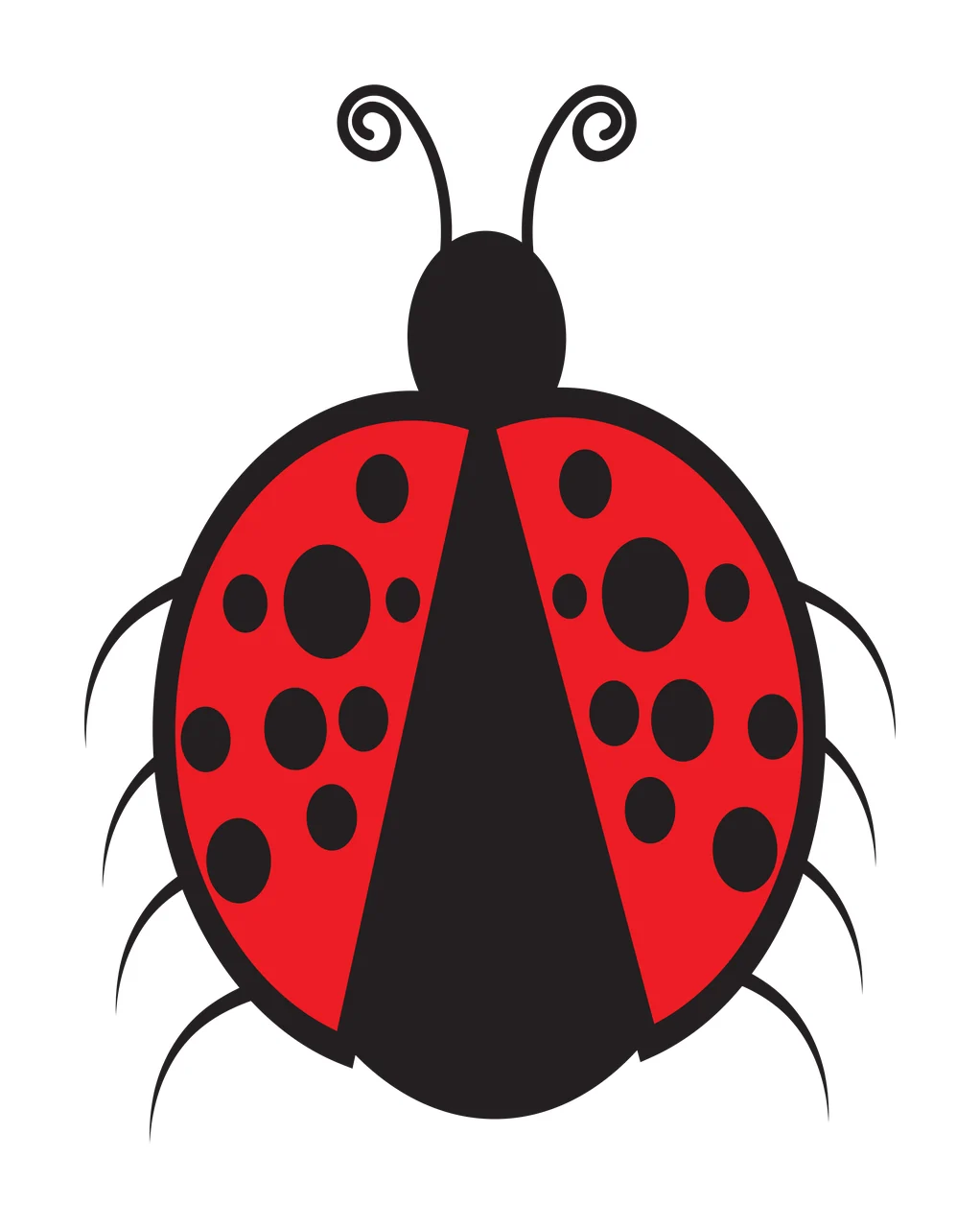 Ladybug Illustration with red beetle body, black spots, black head and black antennae