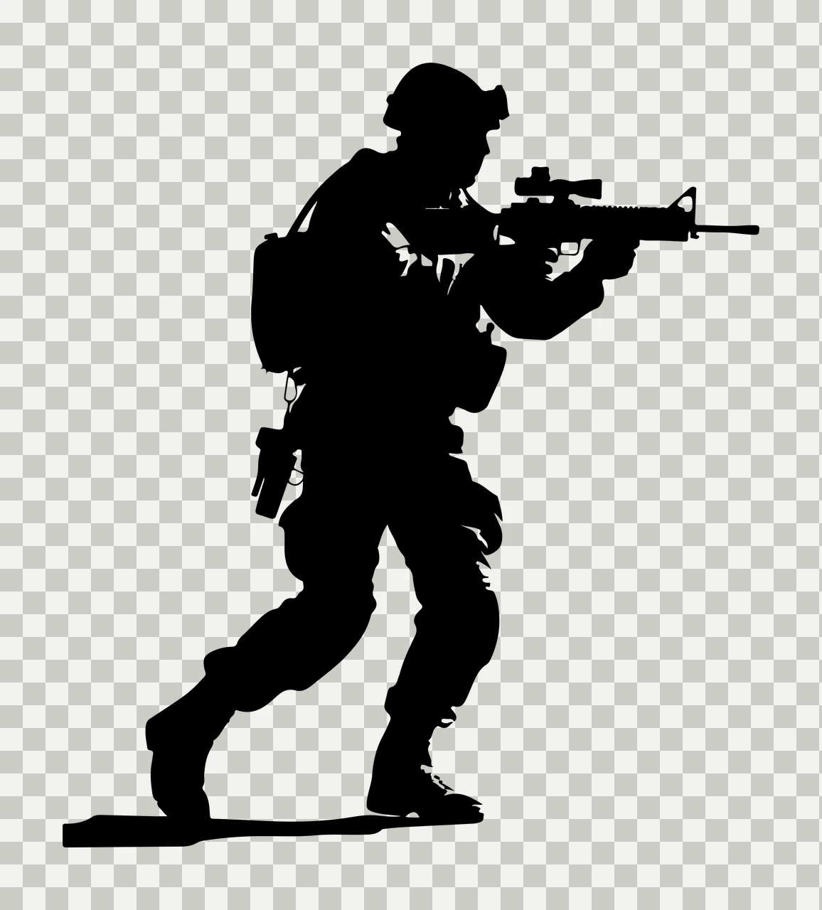 Soldier Silhouette With Rifle Aiming Helmet Backpack Solid transparency and detail preview thumbnail