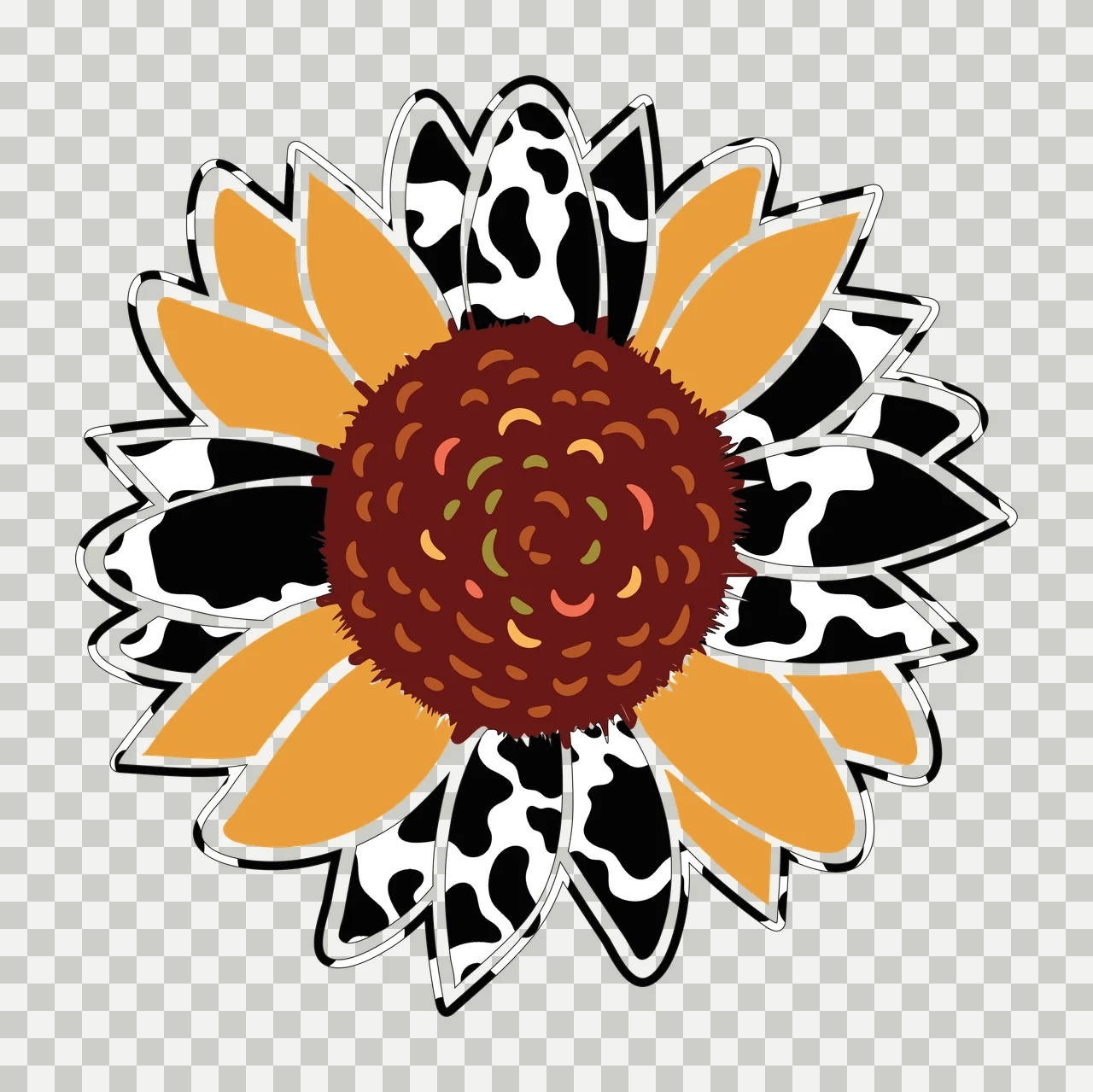 Sunflower Illustration with cow print pattern, petals, textured center and seeds in yellow, black and white transparency and detail preview thumbnail
