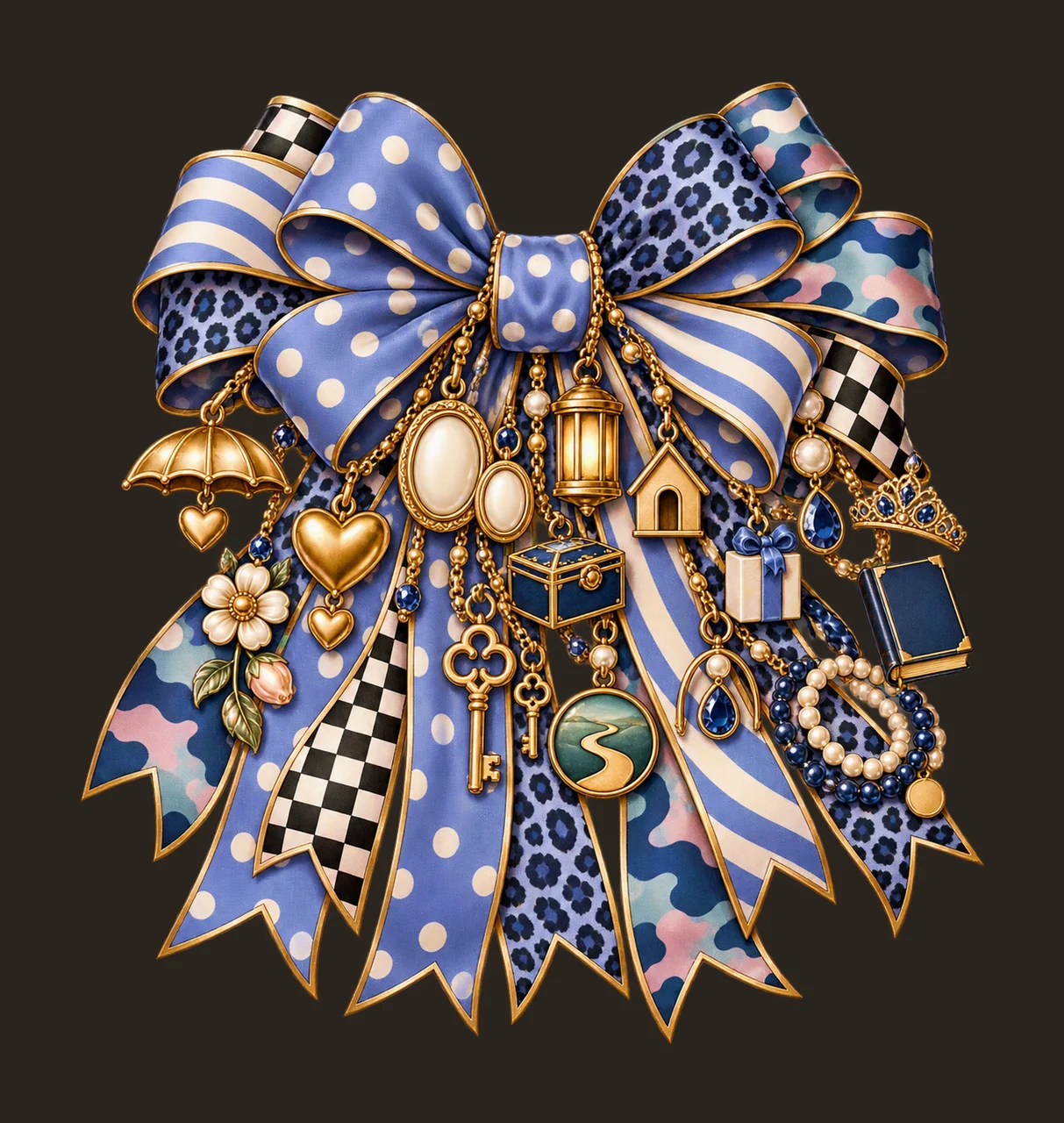 Godmother Bow Charm PNG, Themed Gold Chain Charms, Coquette Ribbon Sublimation Design, Transparent Digital Download contrast preview thumbnail