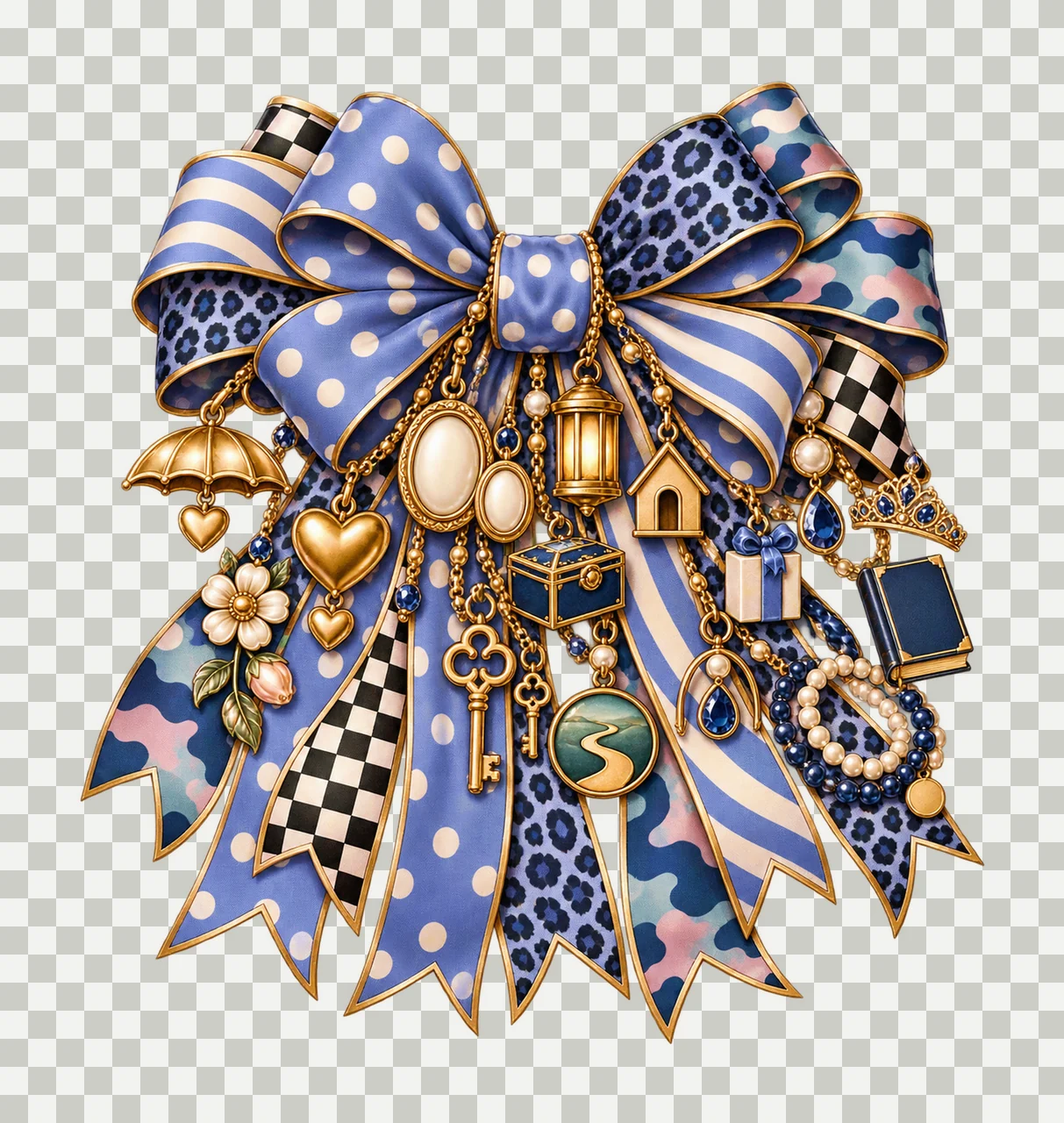 Godmother Bow Charm PNG, Themed Gold Chain Charms, Coquette Ribbon Sublimation Design, Transparent Digital Download transparency and detail preview thumbnail