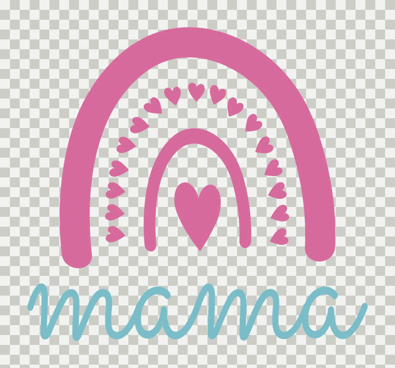 Mama rainbow Design with mama lettering, pink arch, heart arch and center heart in teal blue and white transparency and detail preview thumbnail