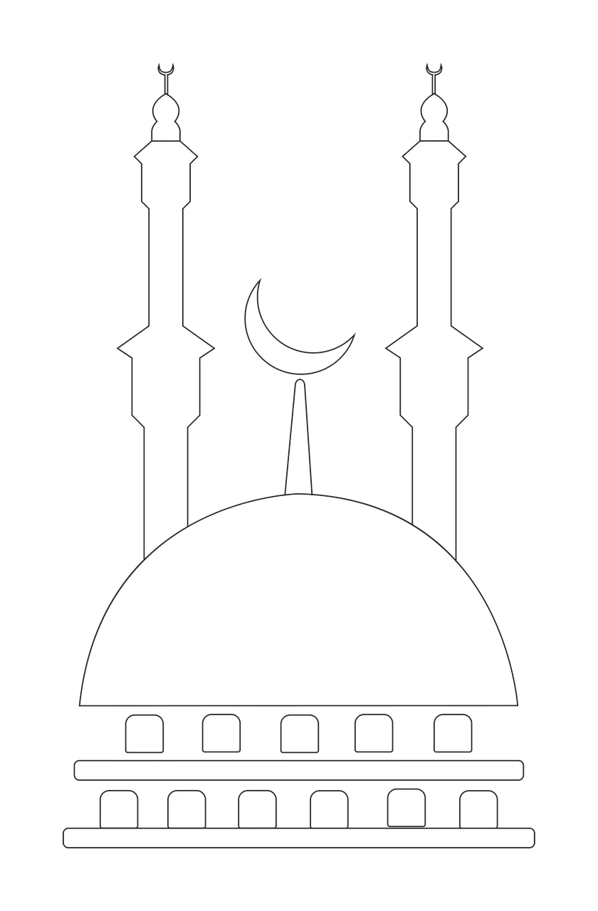 Simple Line Art Mosque Icon standing dome crescent moon minarets