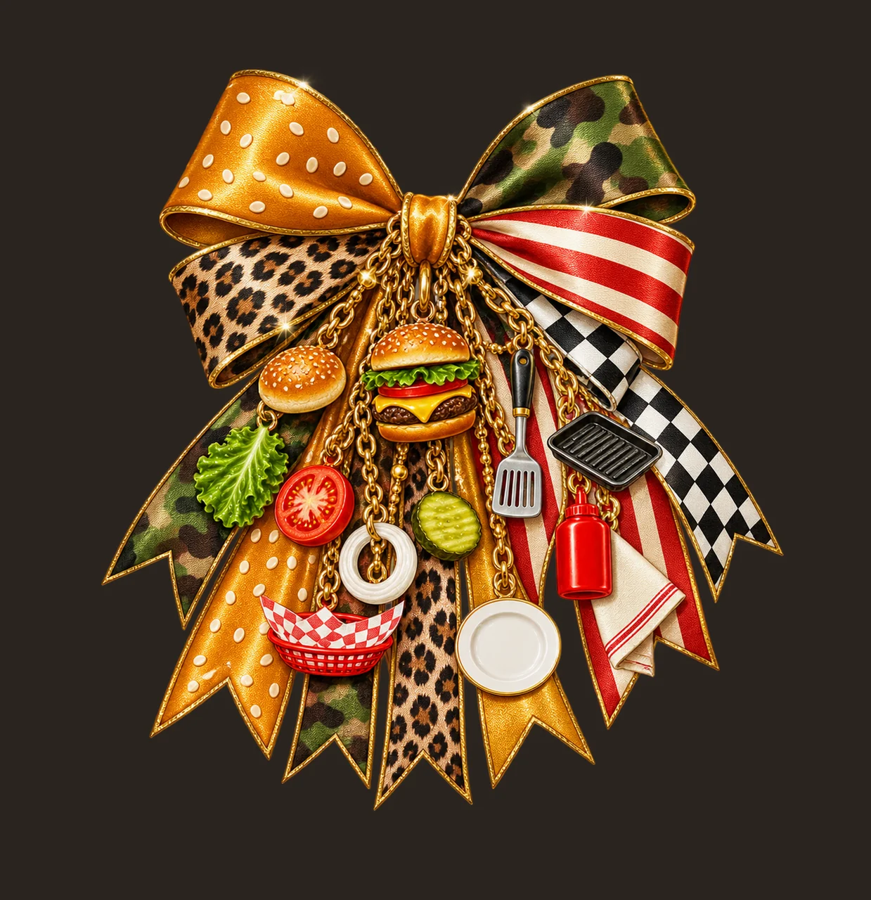 Cheeseburger Lover Bow Charm PNG, Themed Gold Chain Charms, Coquette Ribbon Sublimation Design, Transparent Digital Download contrast preview thumbnail
