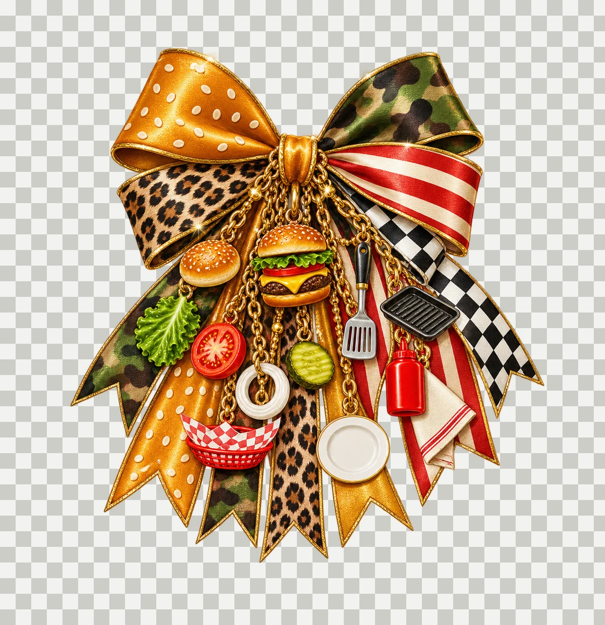 Cheeseburger Lover Bow Charm PNG, Themed Gold Chain Charms, Coquette Ribbon Sublimation Design, Transparent Digital Download transparency and detail preview thumbnail