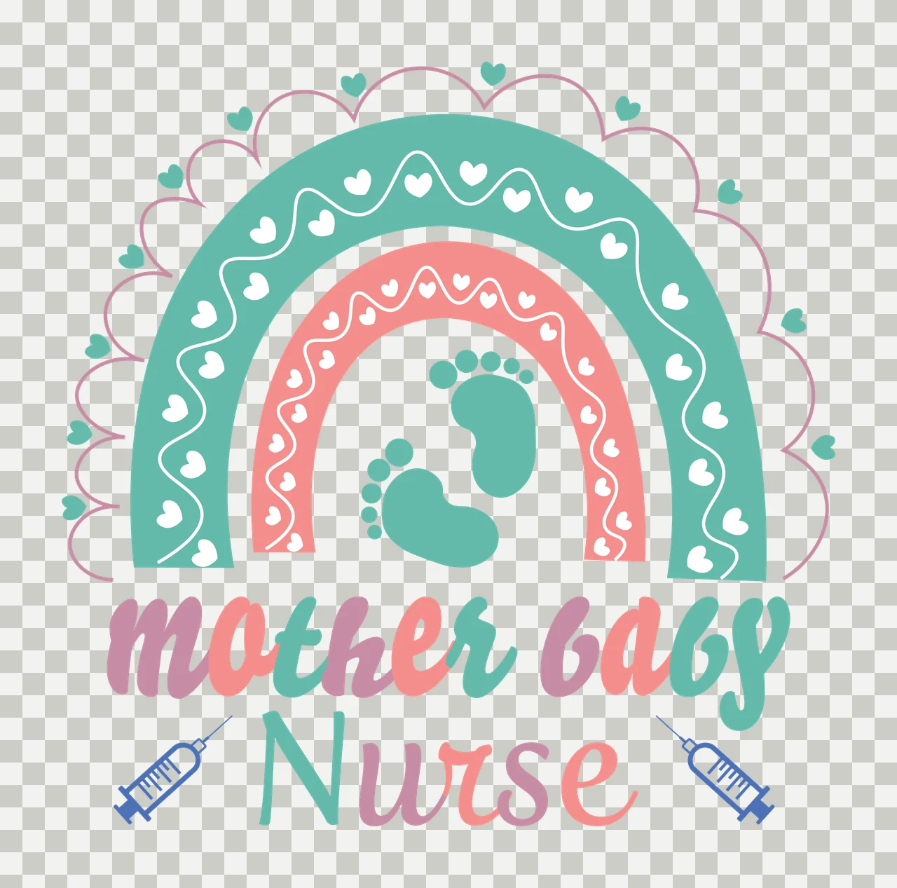Mother baby Nurse nurse typographic emblem Design with boho rainbow, baby footprints, syringes and hearts in teal, coral pink and mauve purple transparency and detail preview thumbnail