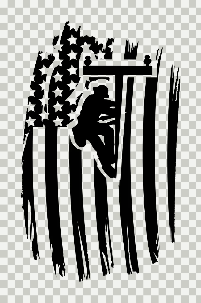 Utility Worker Silhouette On Flag climbing power pole distressed transparency and detail preview thumbnail