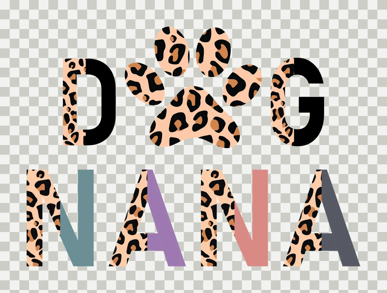 DOG NANA Typography Design with paw print, leopard print pattern, block lettering and split color letters in black, beige and brown transparency and detail preview thumbnail