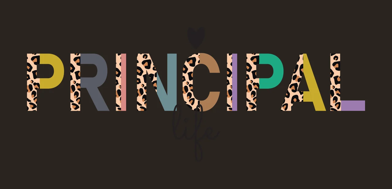 PRINCIPAL life Typography Design with block letters, leopard print pattern, cursive script and black heart icon in white and mustard yellow contrast preview thumbnail