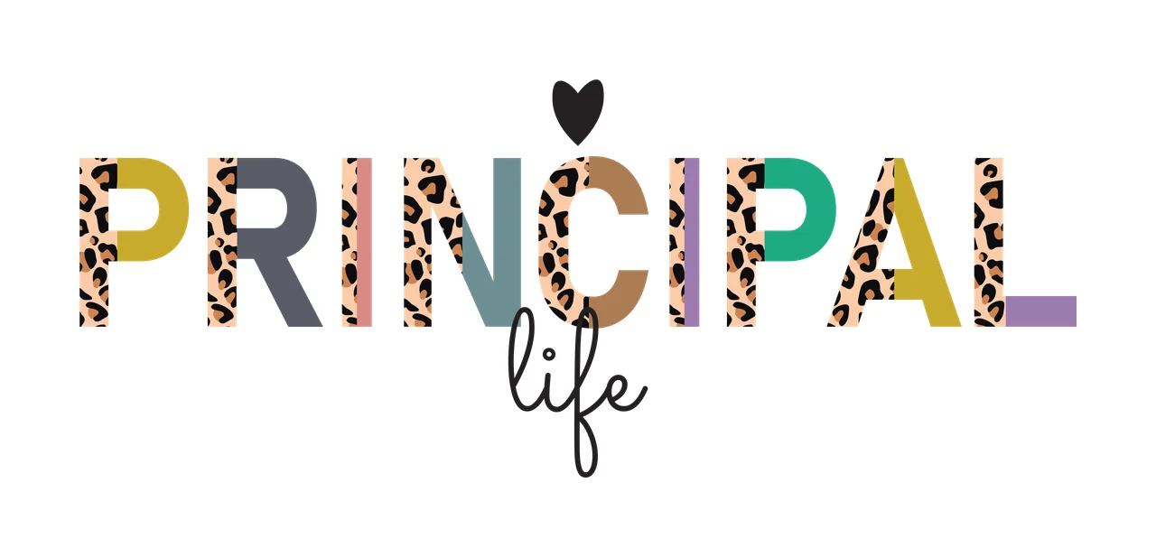 PRINCIPAL life Typography Design with block letters, leopard print pattern, cursive script and black heart icon in white and mustard yellow