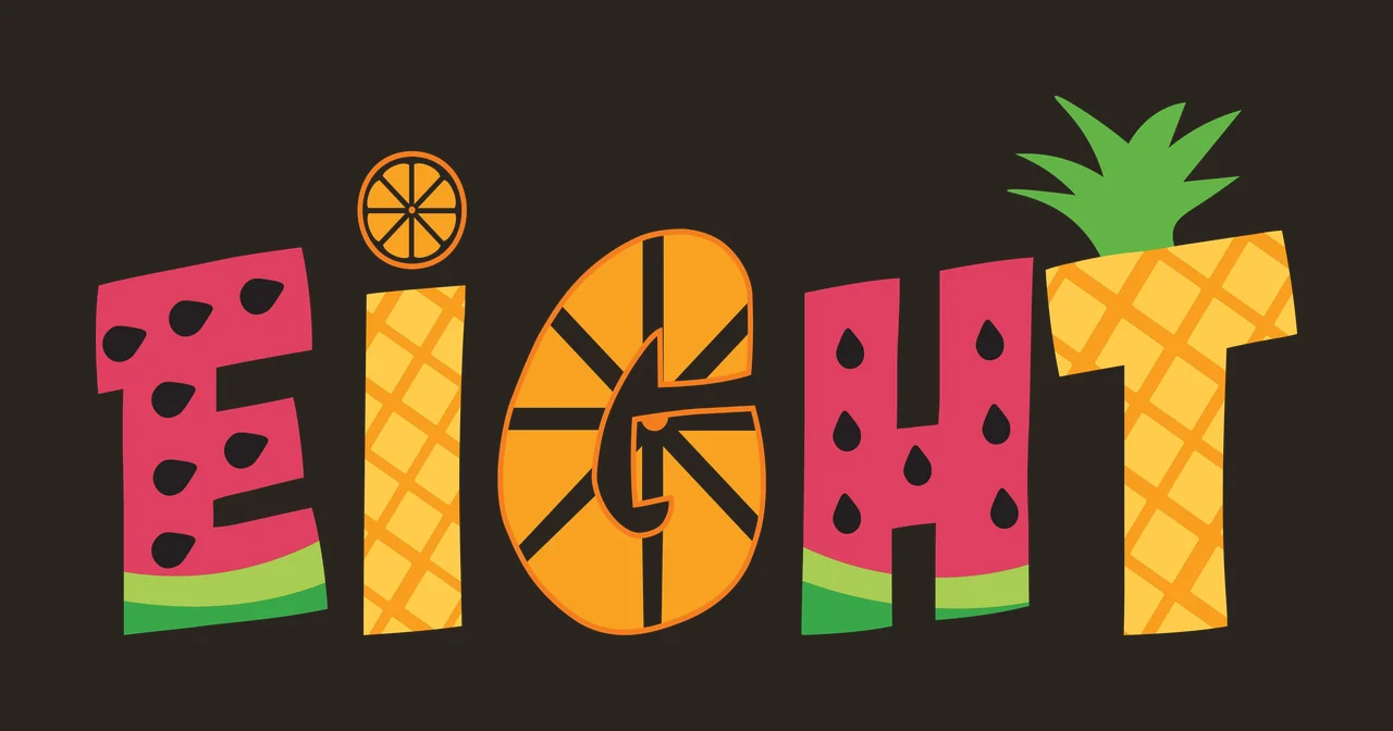 EIGHT Typography Design with watermelon texture, orange slice, pineapple pattern and citrus wheel in pink and yellow contrast preview thumbnail