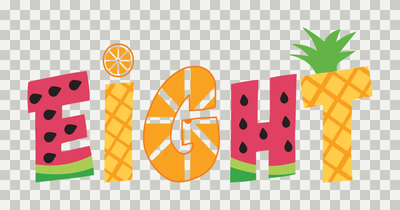 EIGHT Typography Design with watermelon texture, orange slice, pineapple pattern and citrus wheel in pink and yellow transparency and detail preview thumbnail
