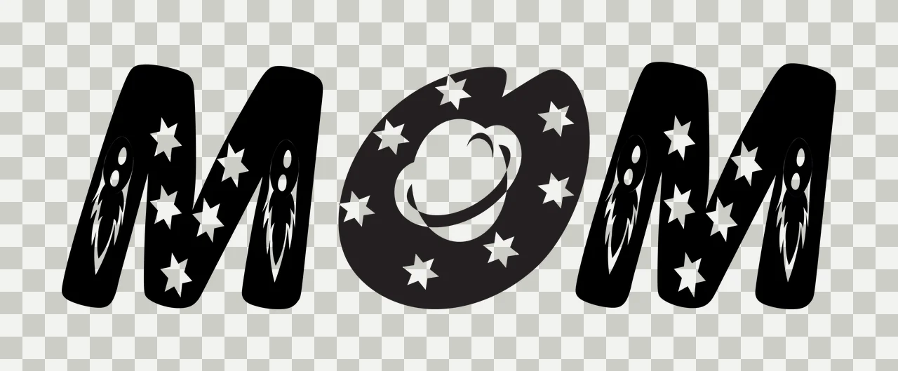 MOM Typography Design with letter M, ringed planet, rocket ships and stars in black and white transparency and detail preview thumbnail