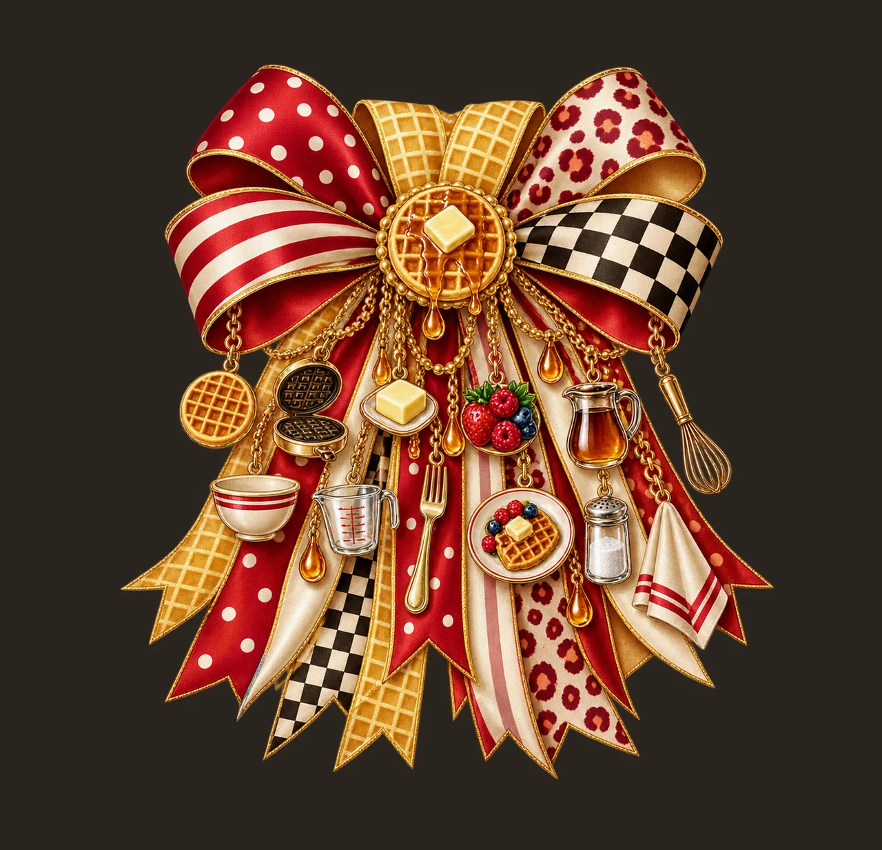 Waffle Lover Bow Charm PNG, Themed Gold Chain Charms, Coquette Ribbon Sublimation Design, Transparent Digital Download contrast preview thumbnail